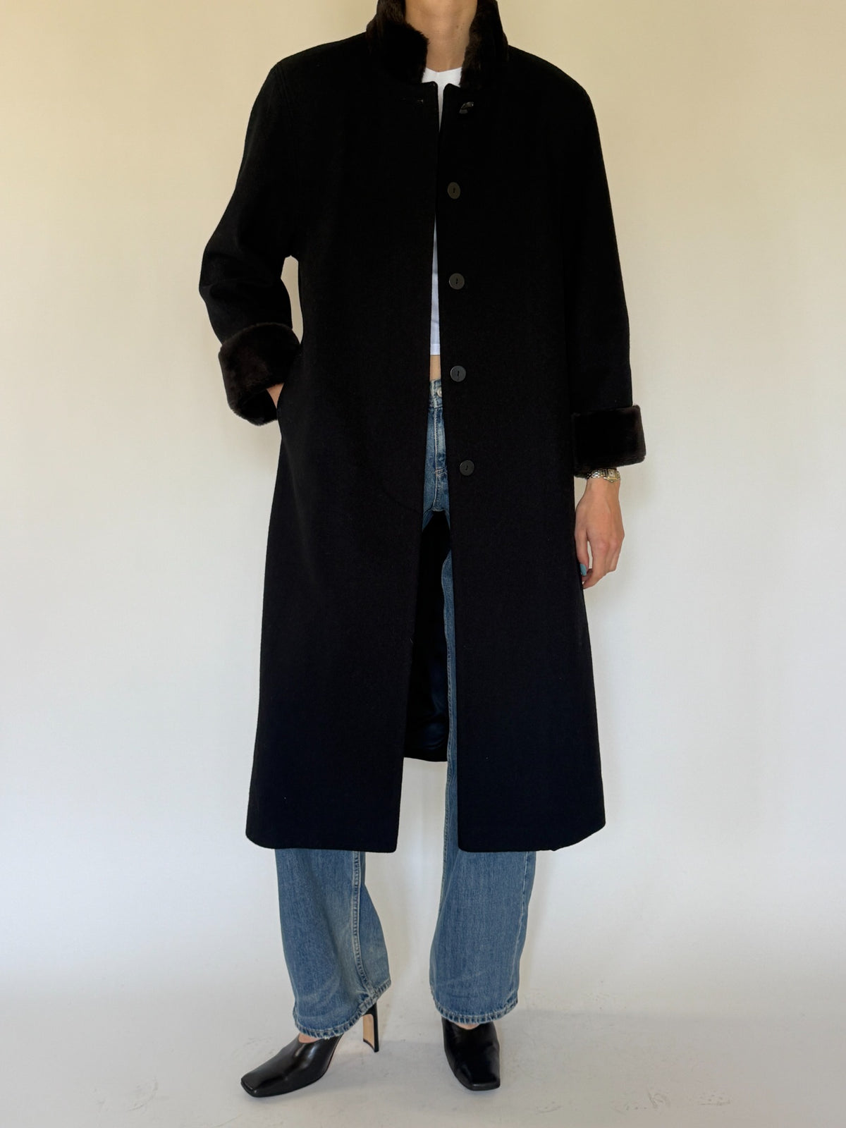Vintage black wool coat front view