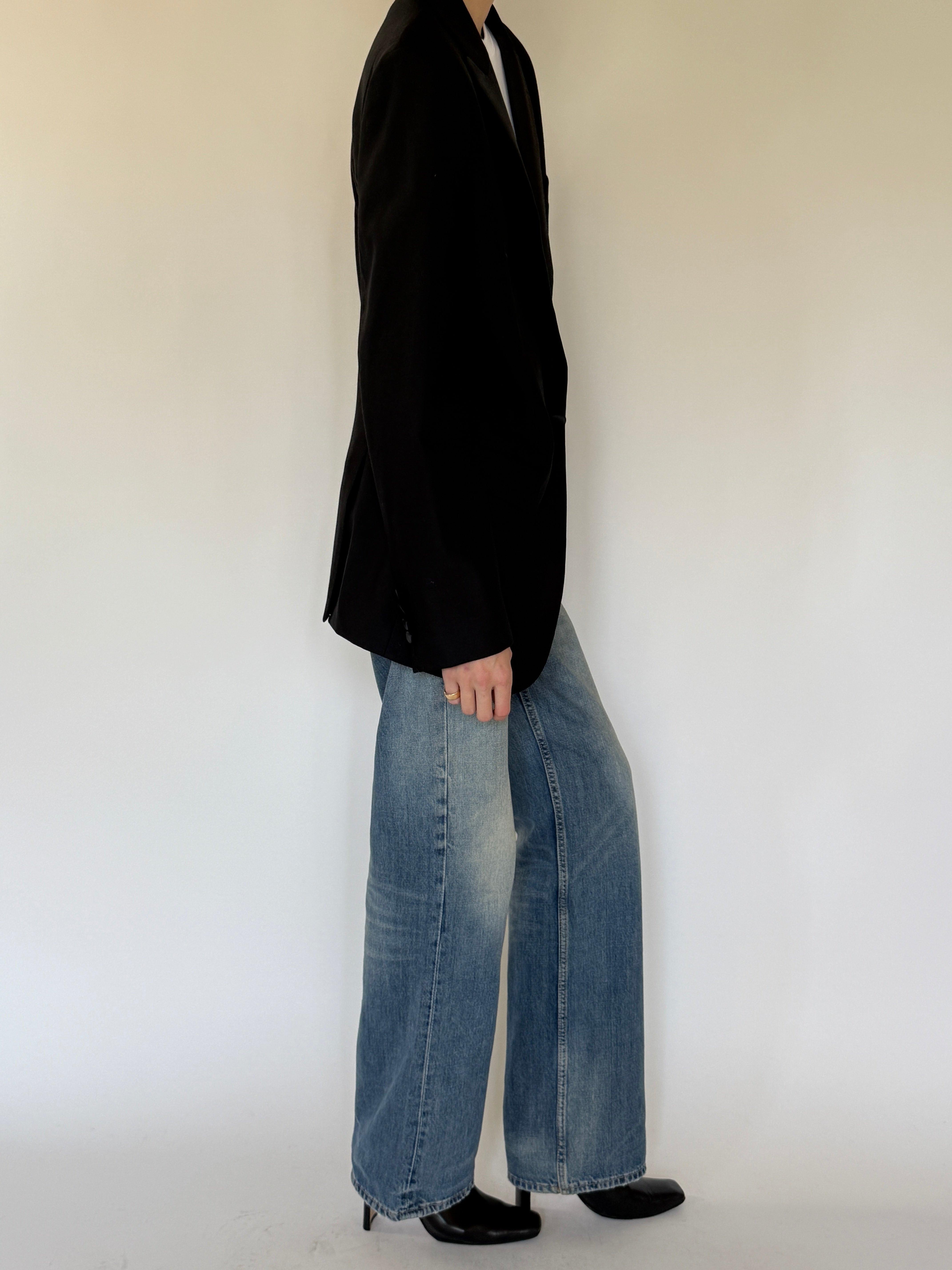 Vintage black wool tuxedo blazer side view