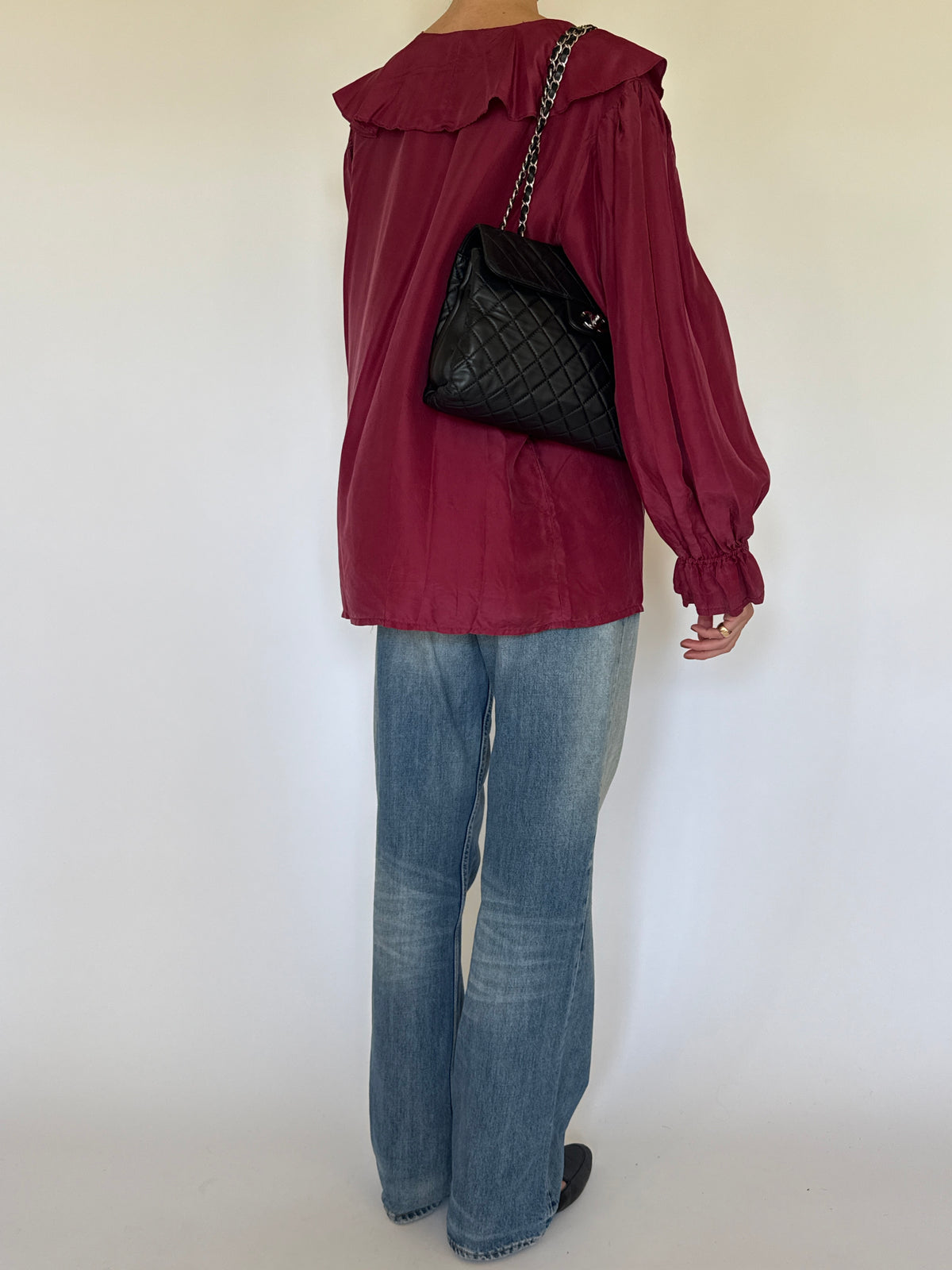 Vintage burgundy 100% silk ruffle blouse back view