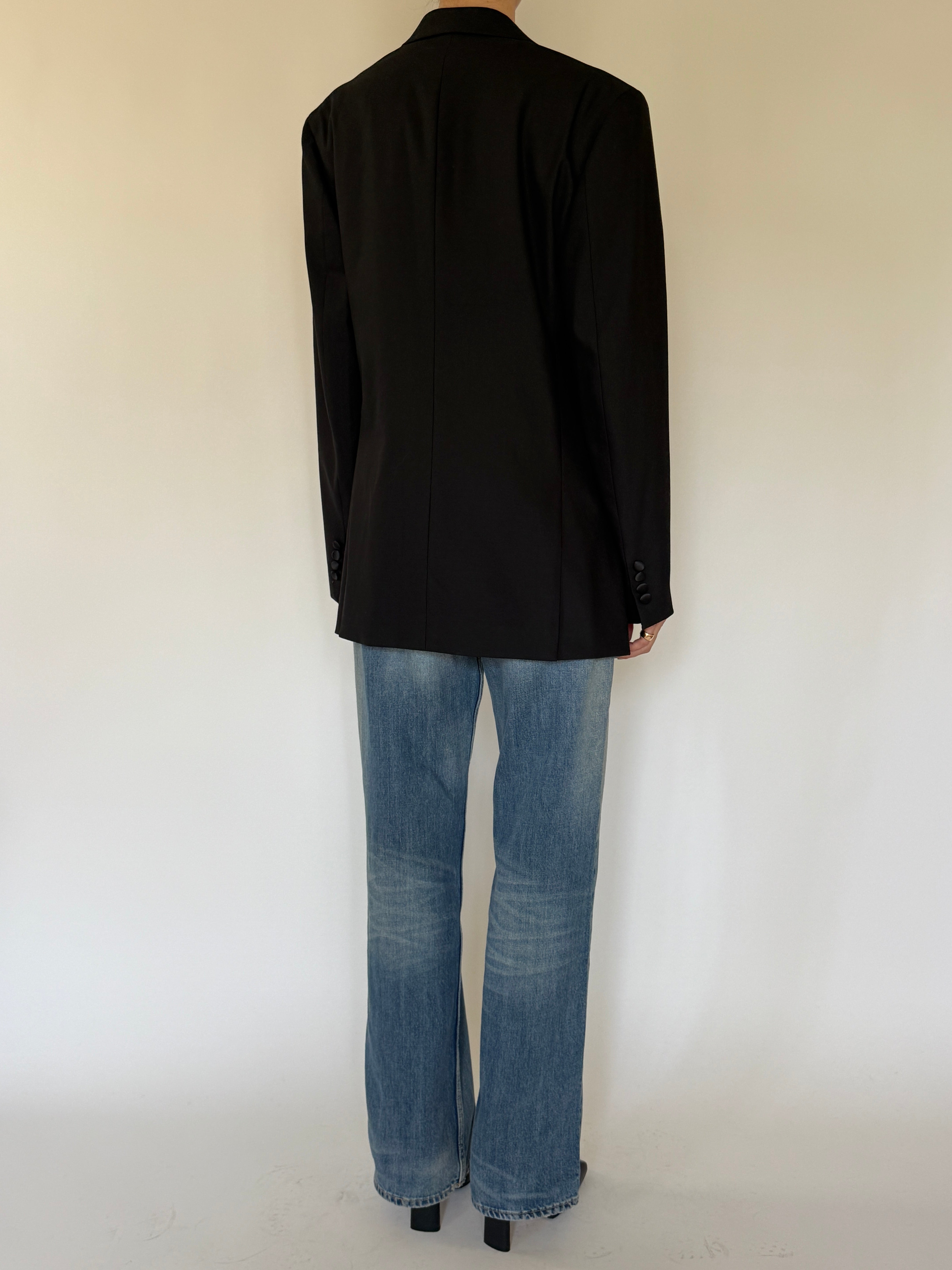 Vintage black wool tuxedo blazer back view