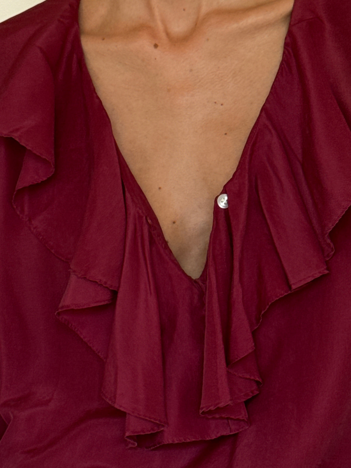 Vintage burgundy silk blouse cascading ruffle detail