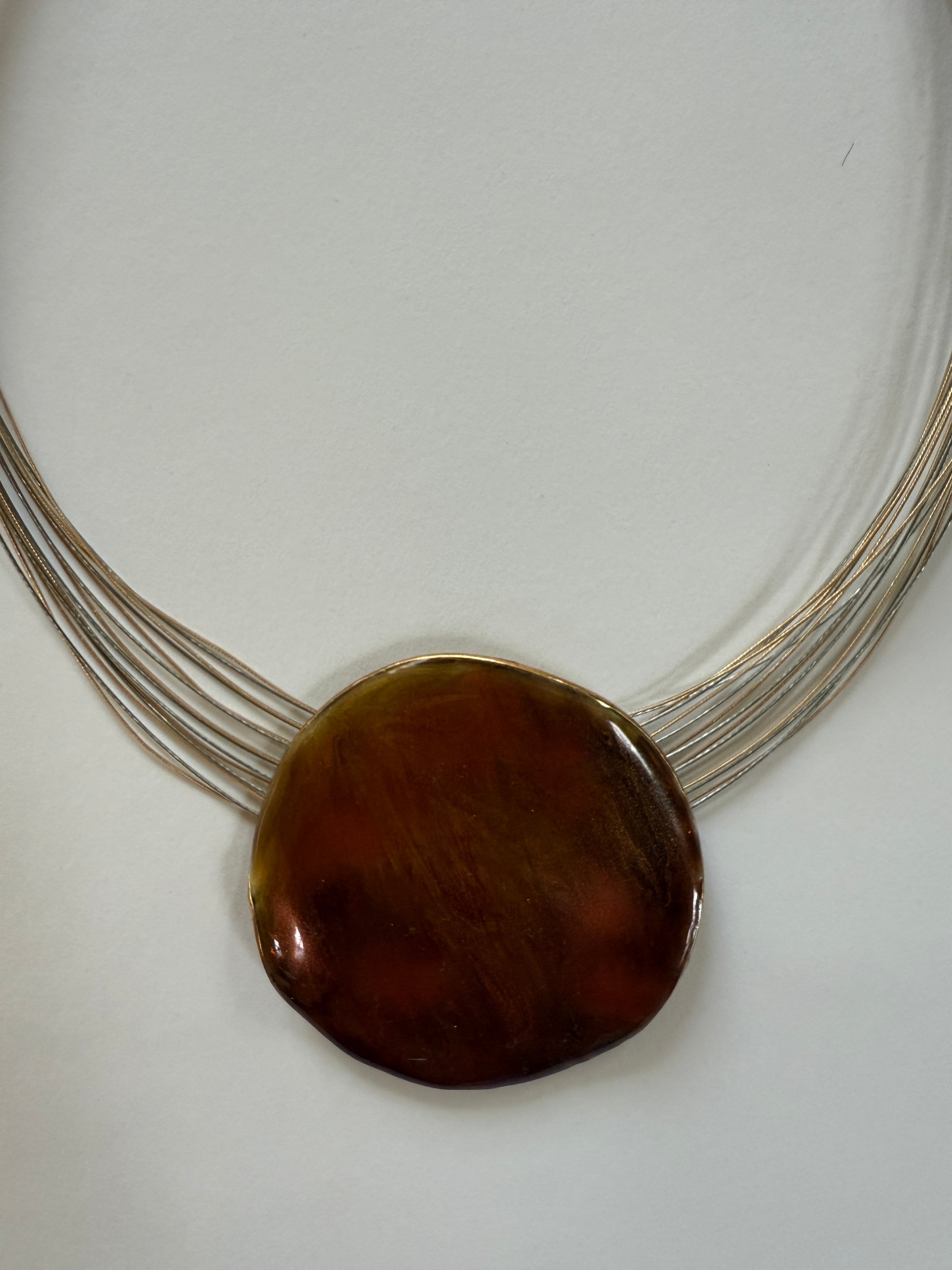 Vintage statement necklace sculptural brown pendant front view