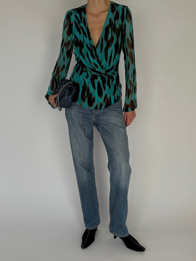 Vintage Animal Printed 100% Silk Wrap Blouse 6561