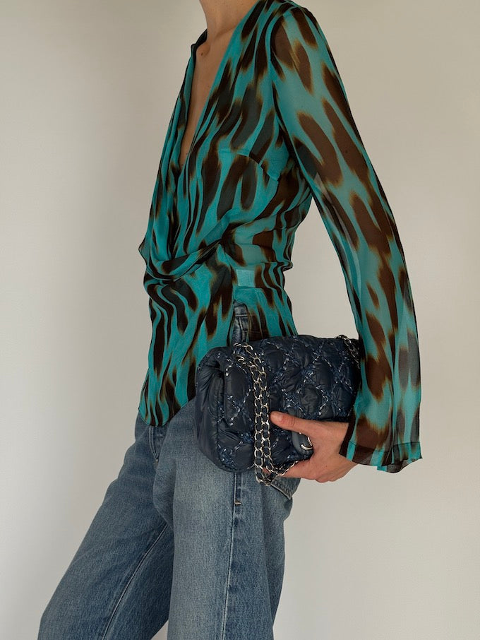 Vintage Animal Printed 100% Silk Wrap Blouse 6561