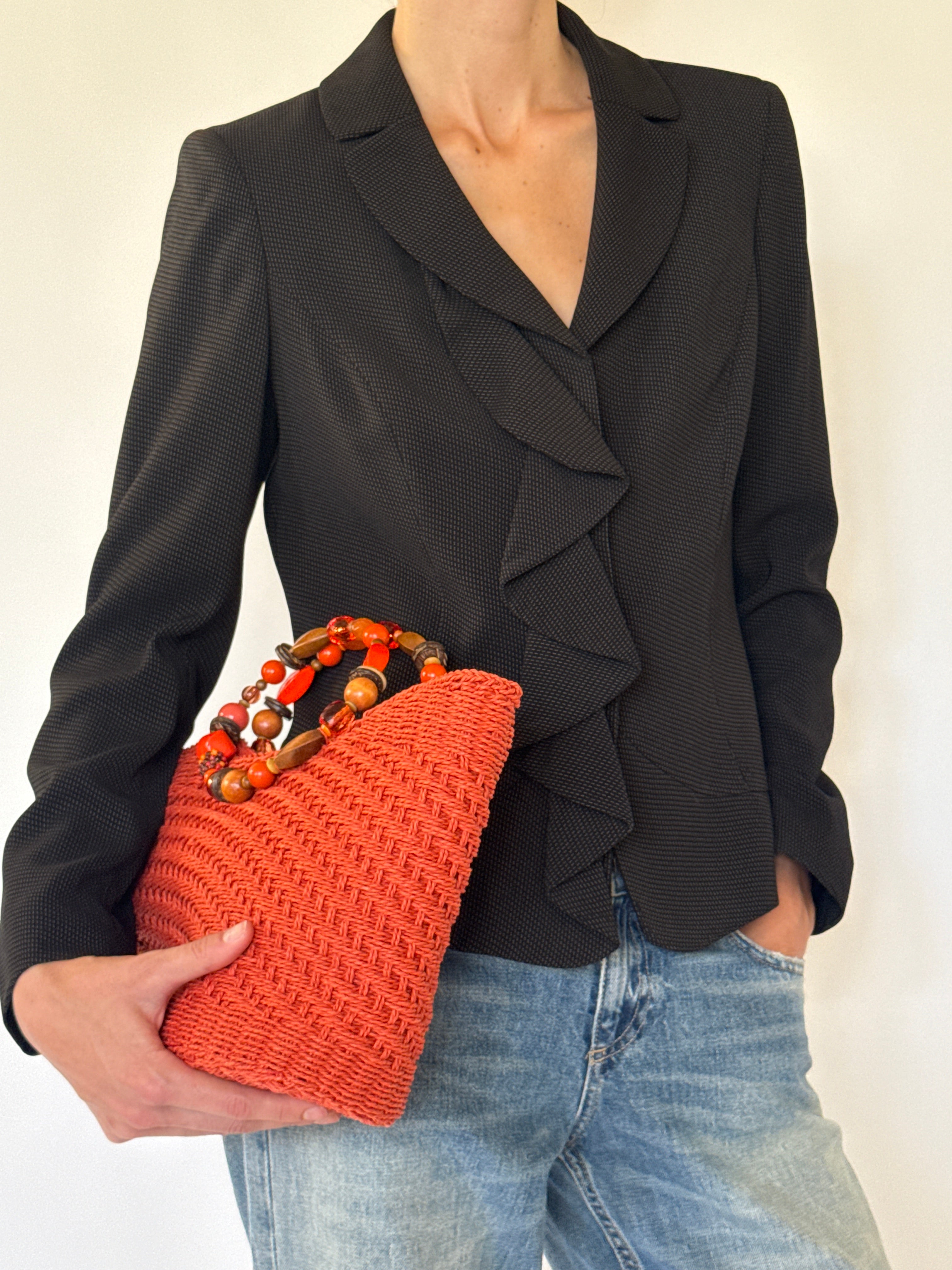 Vintage black ruffle blazer front view