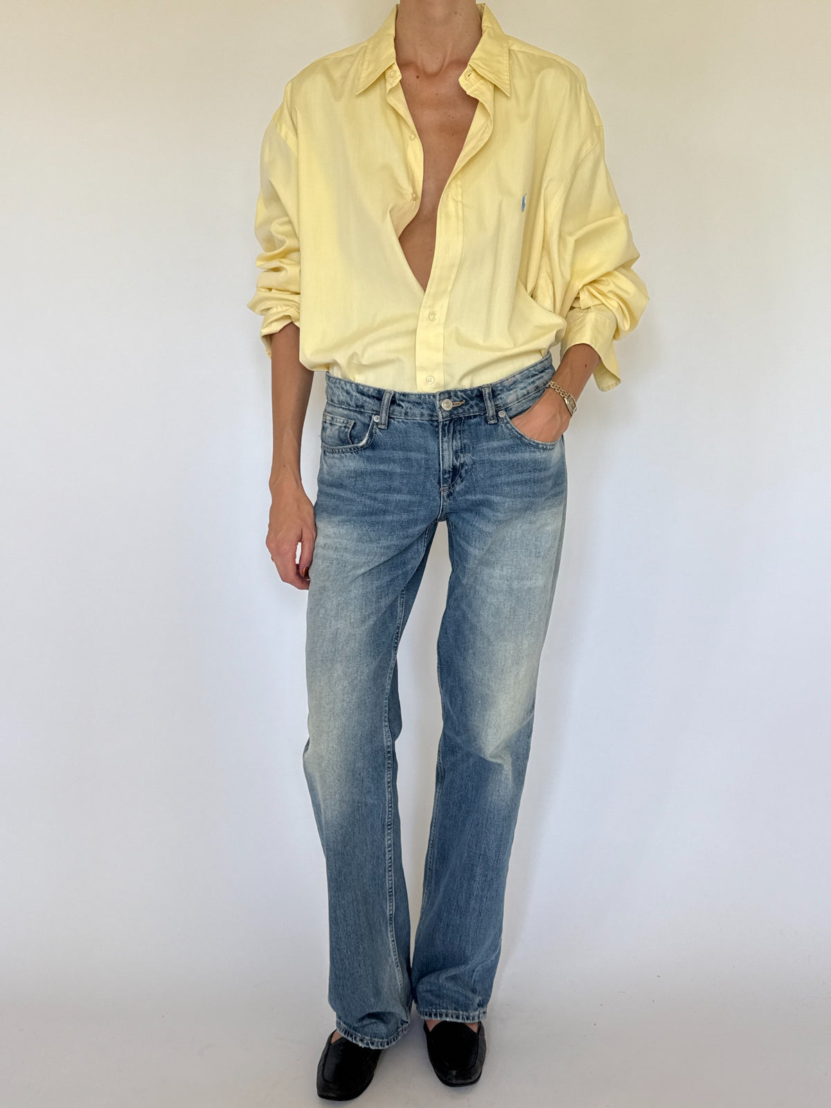 Vintage Ralph Lauren oversized yellow cotton shirt styled front detail