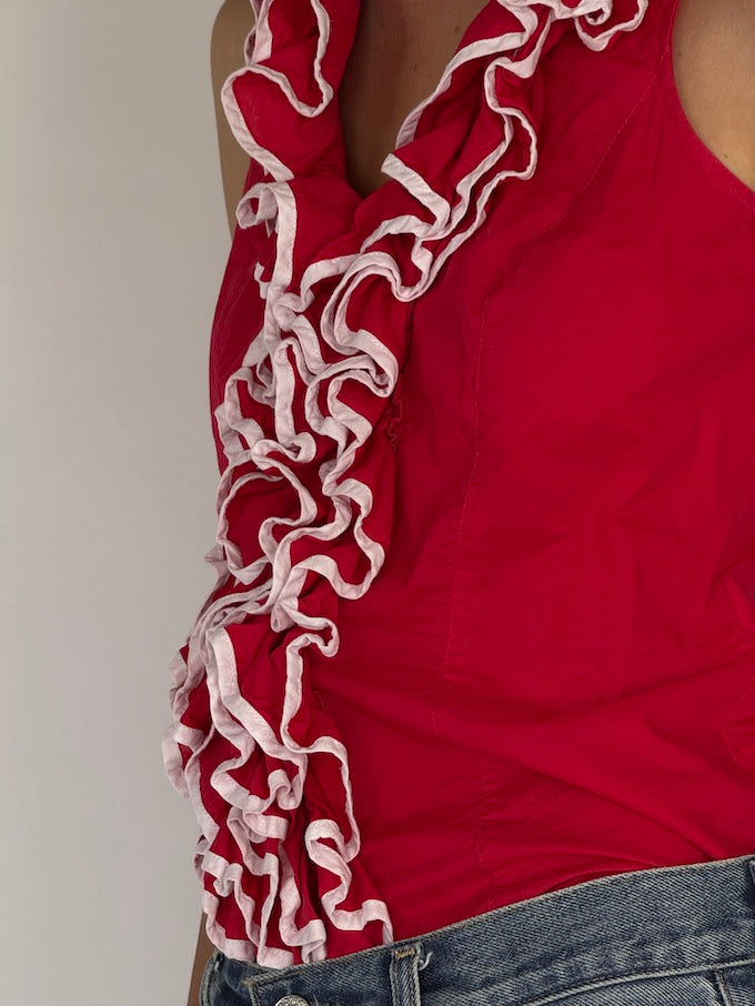 Vintage Red Ruffle Blouse 6562