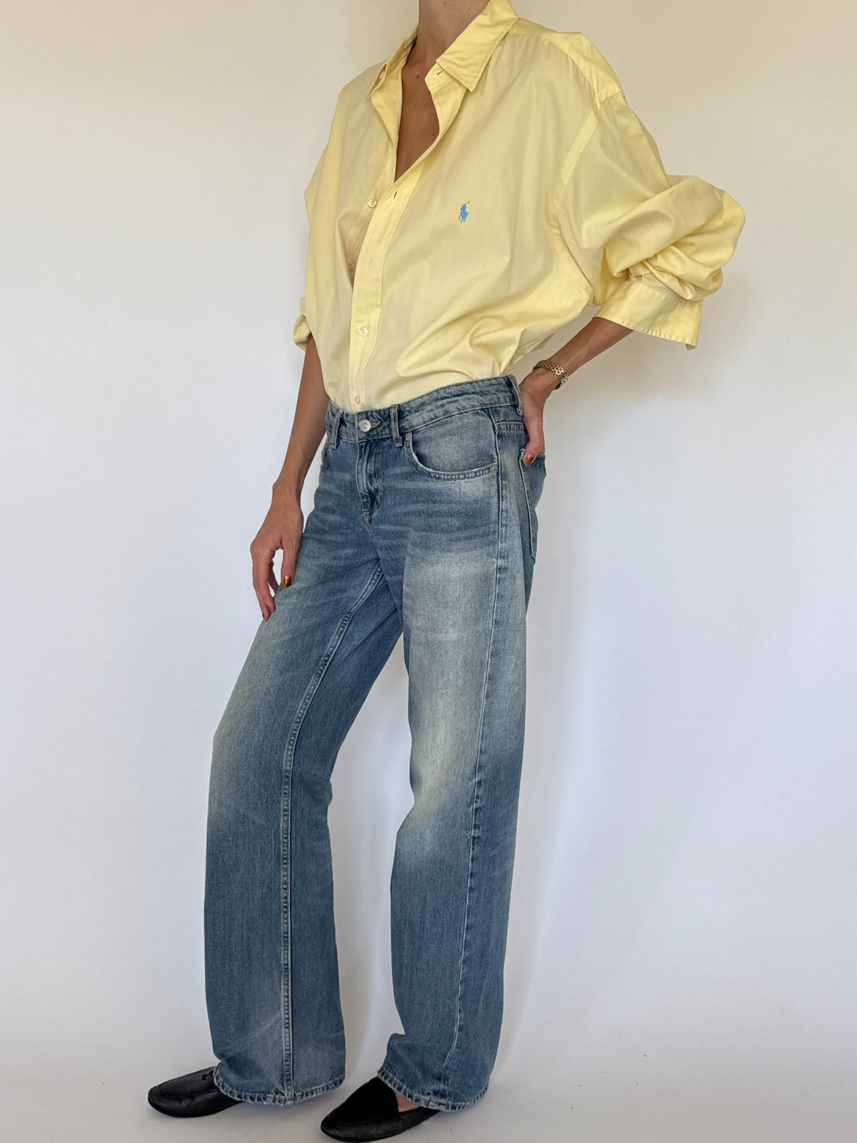 Vintage Ralph Lauren oversized yellow cotton shirt styled side view