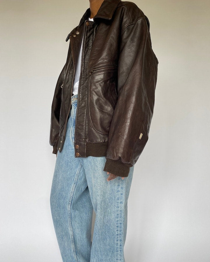 VINTAGE OVERSIZED DARK BROWN BOMBER LEATHER JACKET 4936