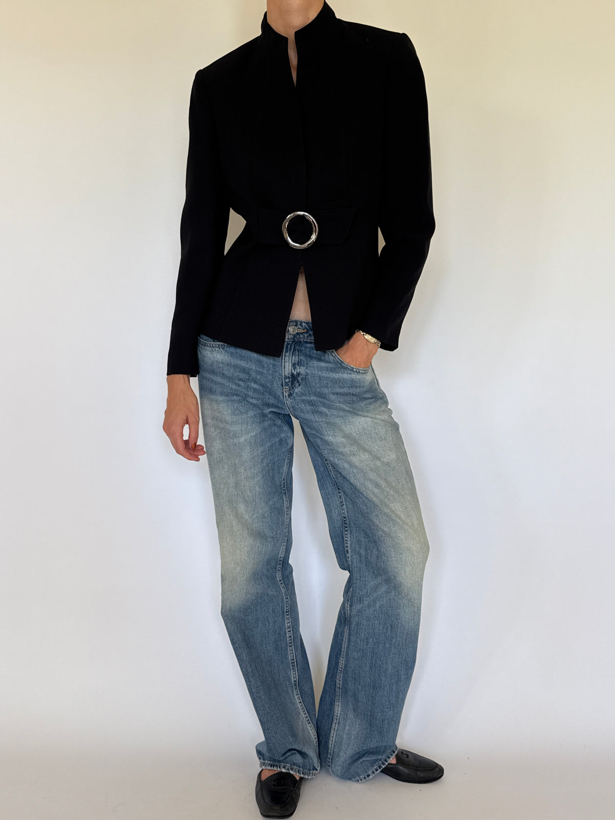 Vintage black belted sculpted jacket front view