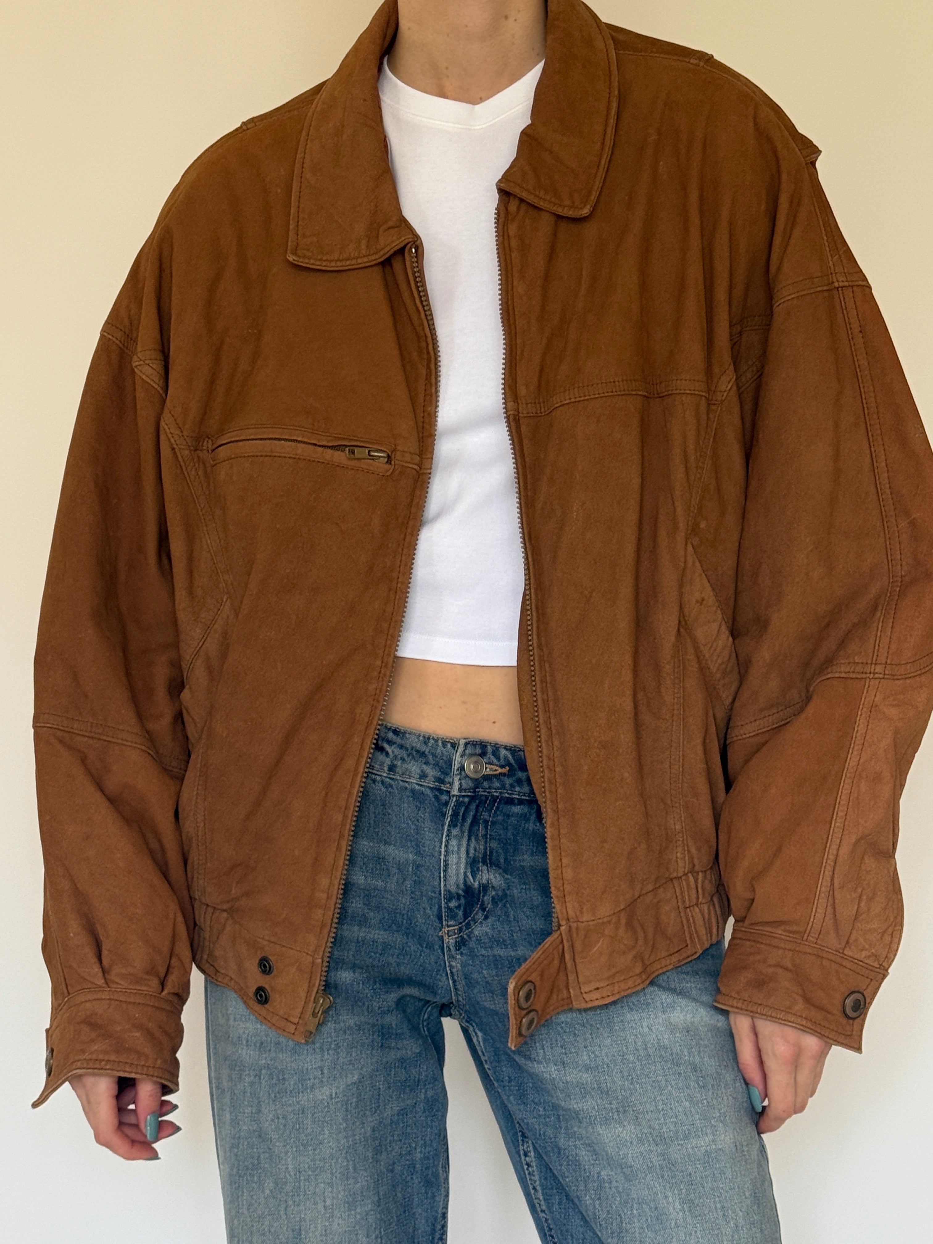 Vintage oversized cognac brown leather bomber jacket front view
