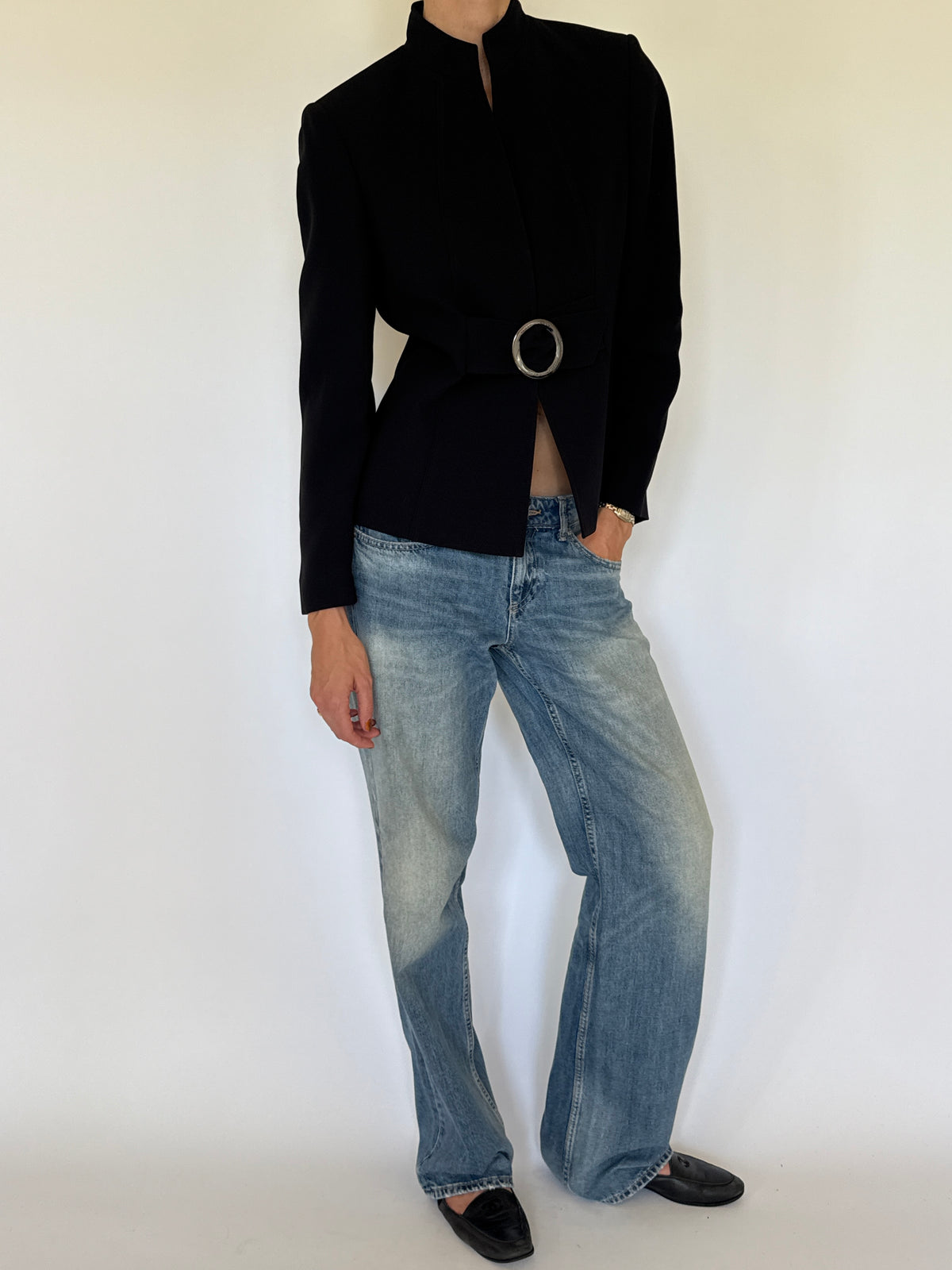 Vintage black belted sculpted jacket front view