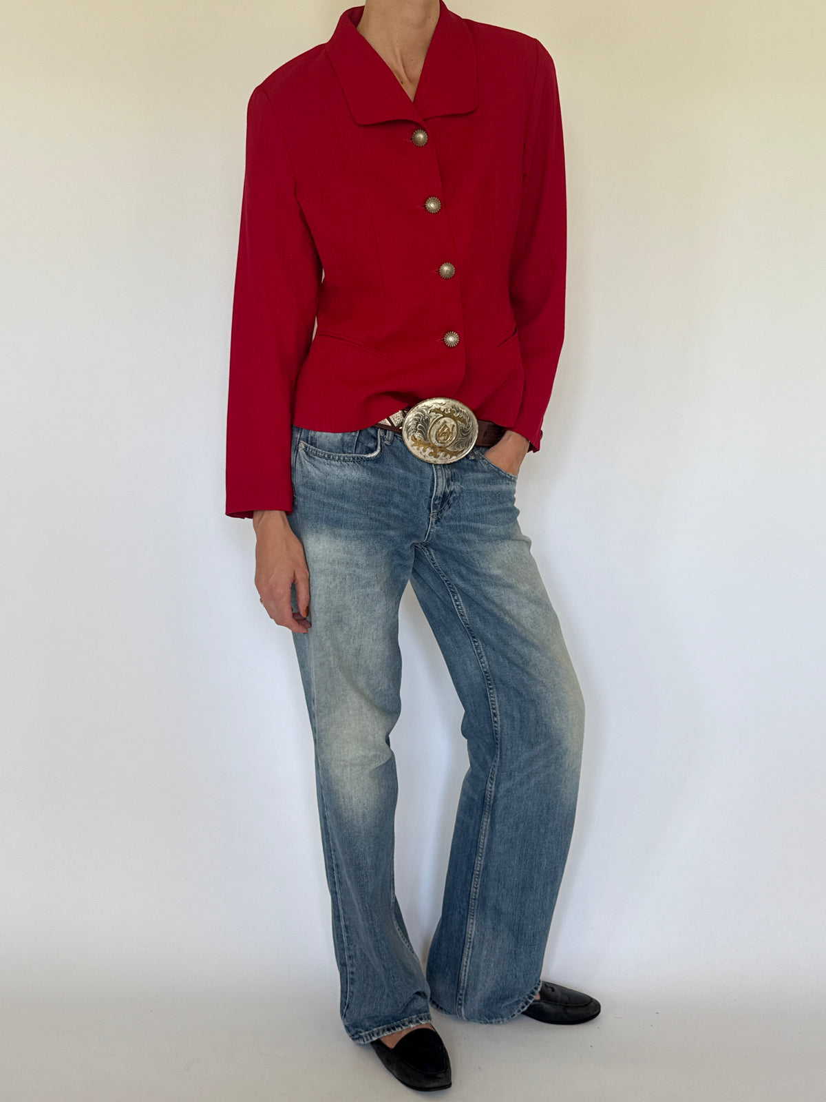 Vintage red blazer ornate gold-tone button detail