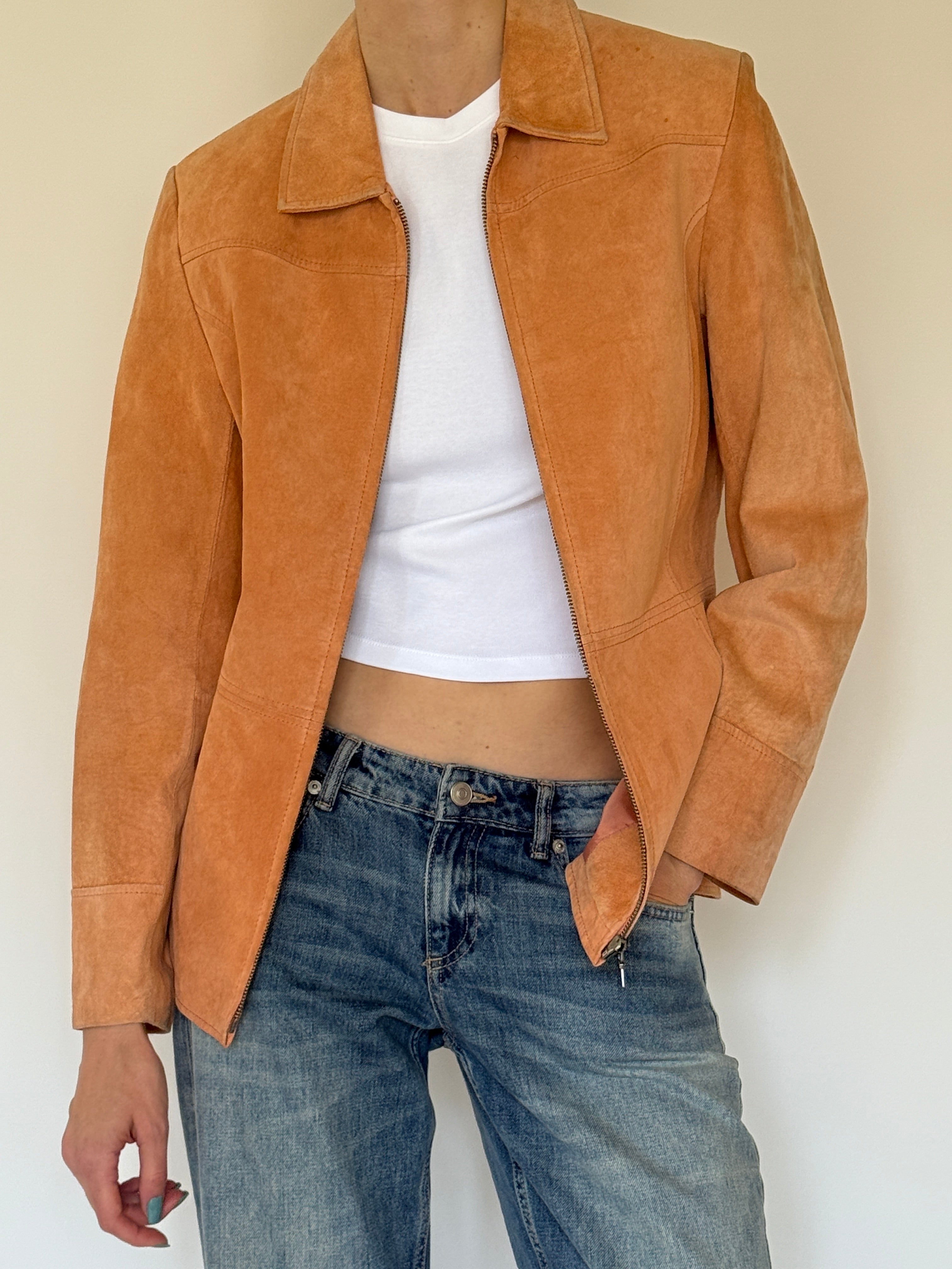 Vintage suede zip jacket front view apricot