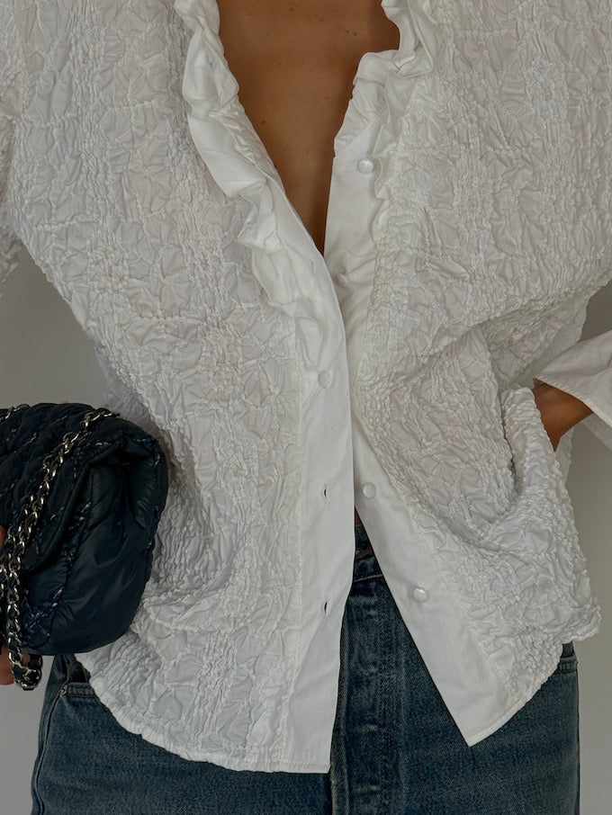 Vintage White Ruffled Blouse with Texture Detailing 6564
