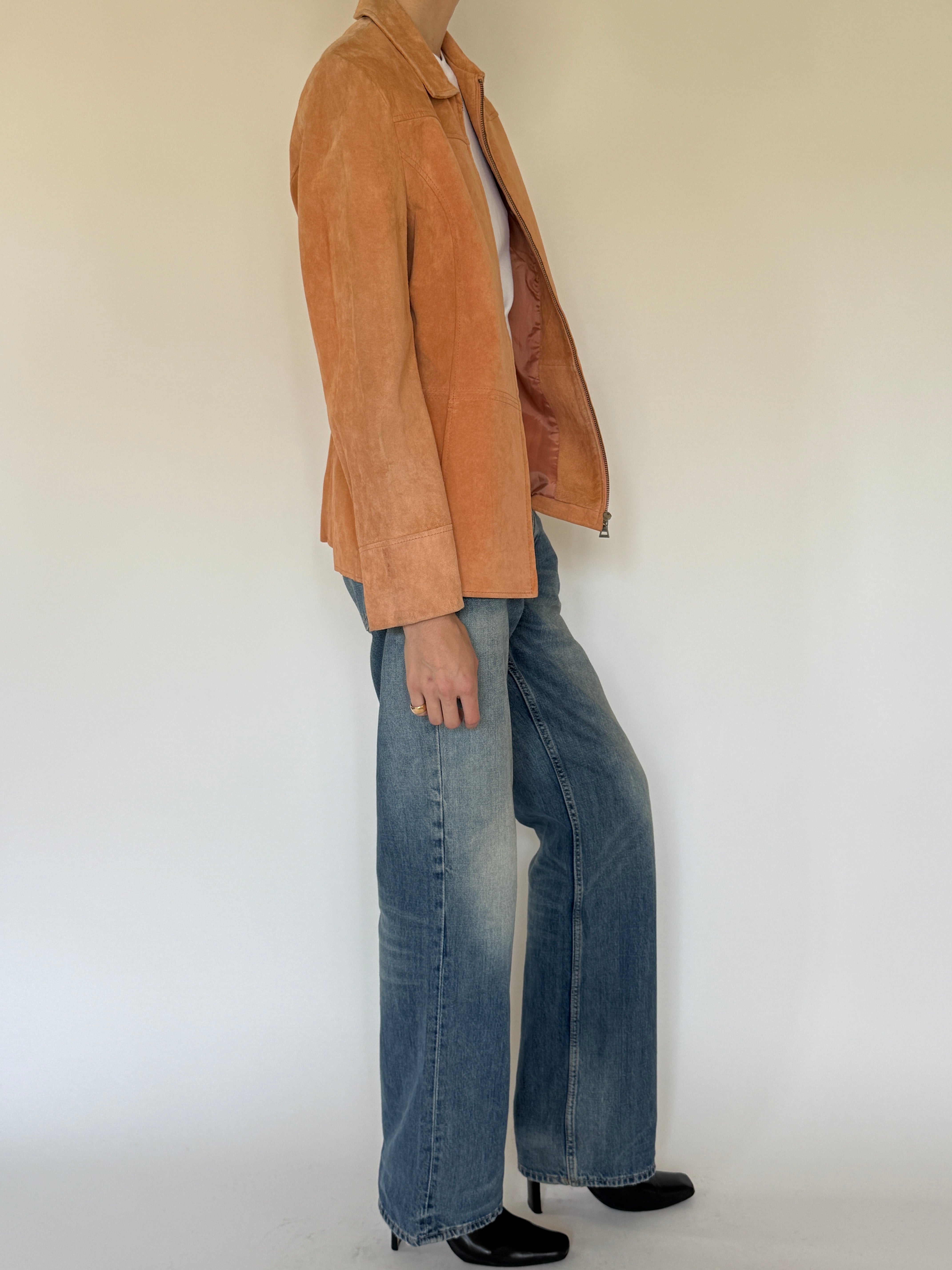Vintage fitted suede jacket side view apricot