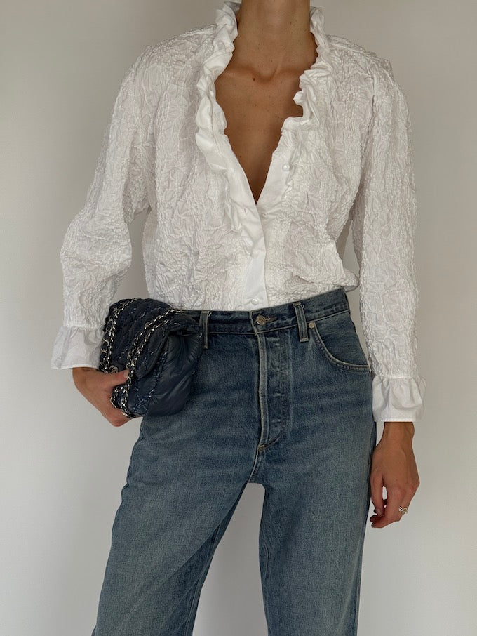 Vintage White Ruffled Blouse with Texture Detailing 6564