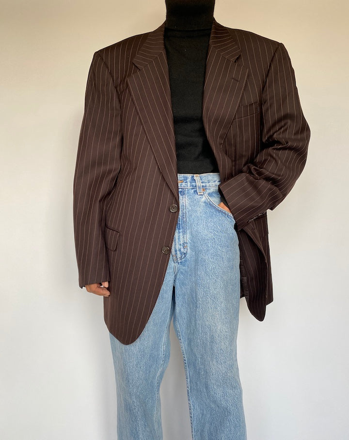 VINTAGE OVERSIZED BROWN PINSTRIPED BLAZER 1393