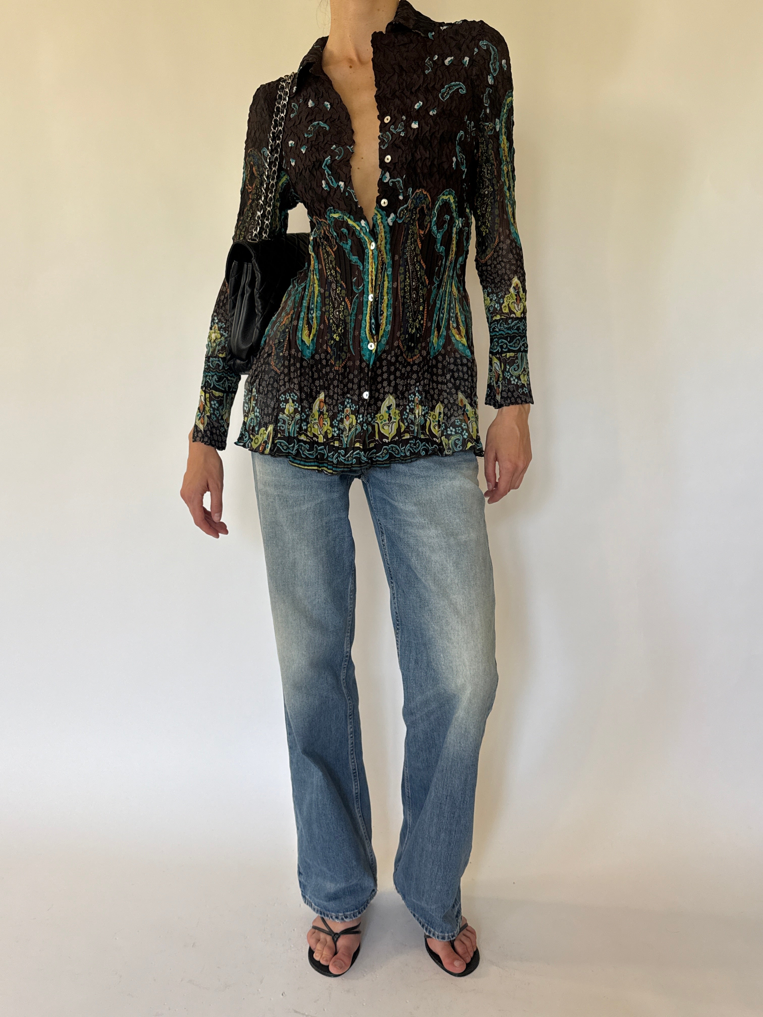 Vintage brown crinkle paisley blouse front view