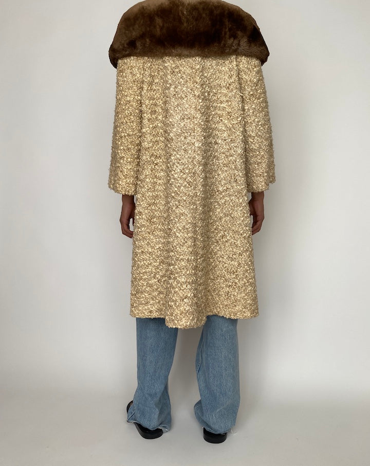 VINTAGE BEIGE LONG COAT WITH FAUX FUR COLLAR 2744