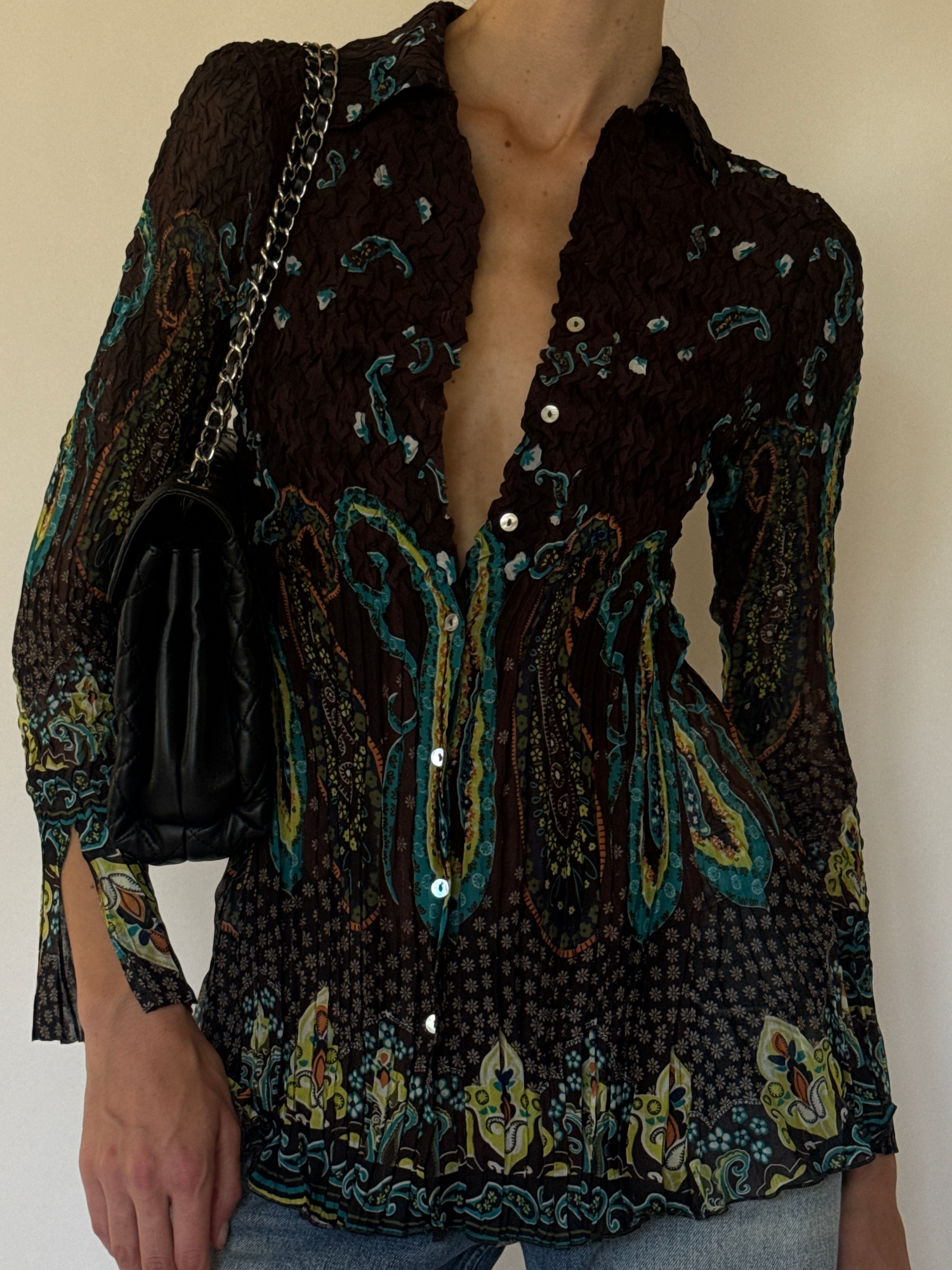 Vintage brown crinkle paisley blouse front view