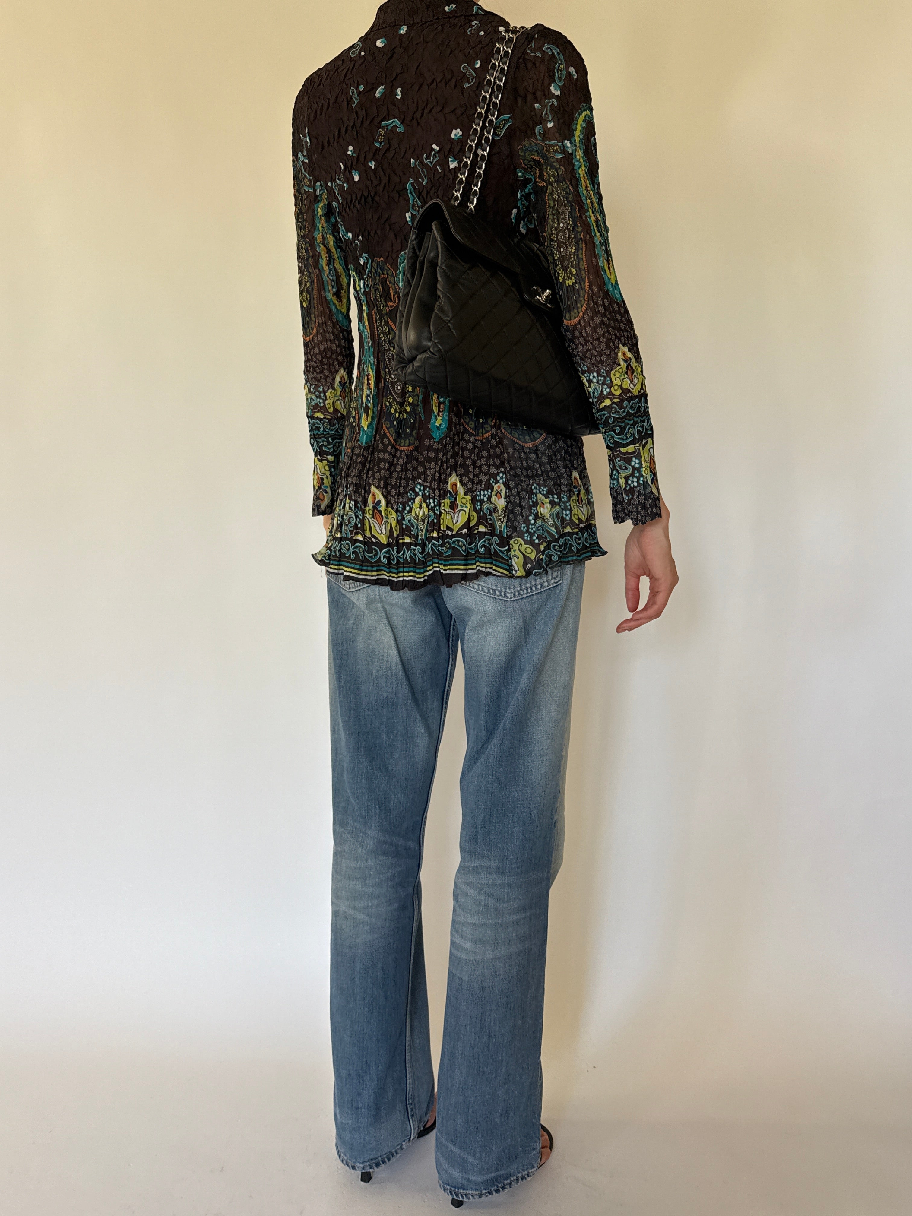 Vintage brown crinkle paisley blouse back view