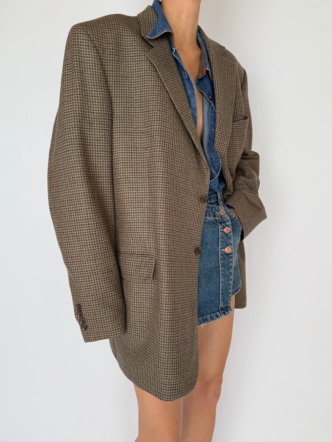 Vintage Houndstooth Blazer In A Wool & Cashmere Blend Brown 5992