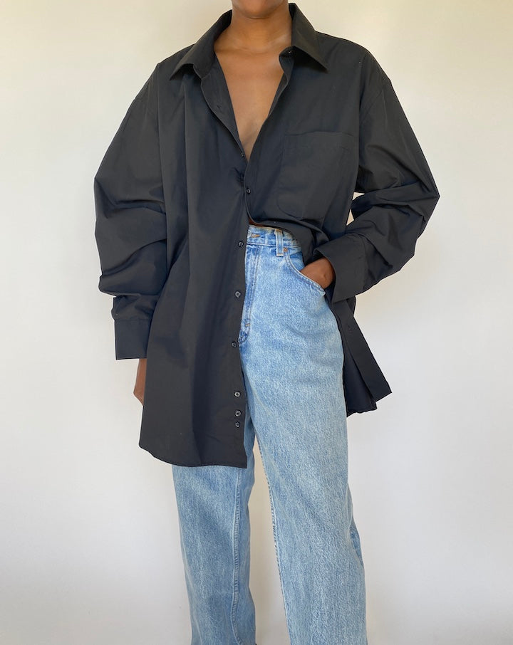 VINTAGE OVERSIZED BLACK BUTTON DOWN LONG SLEEVE SHIRT 3775