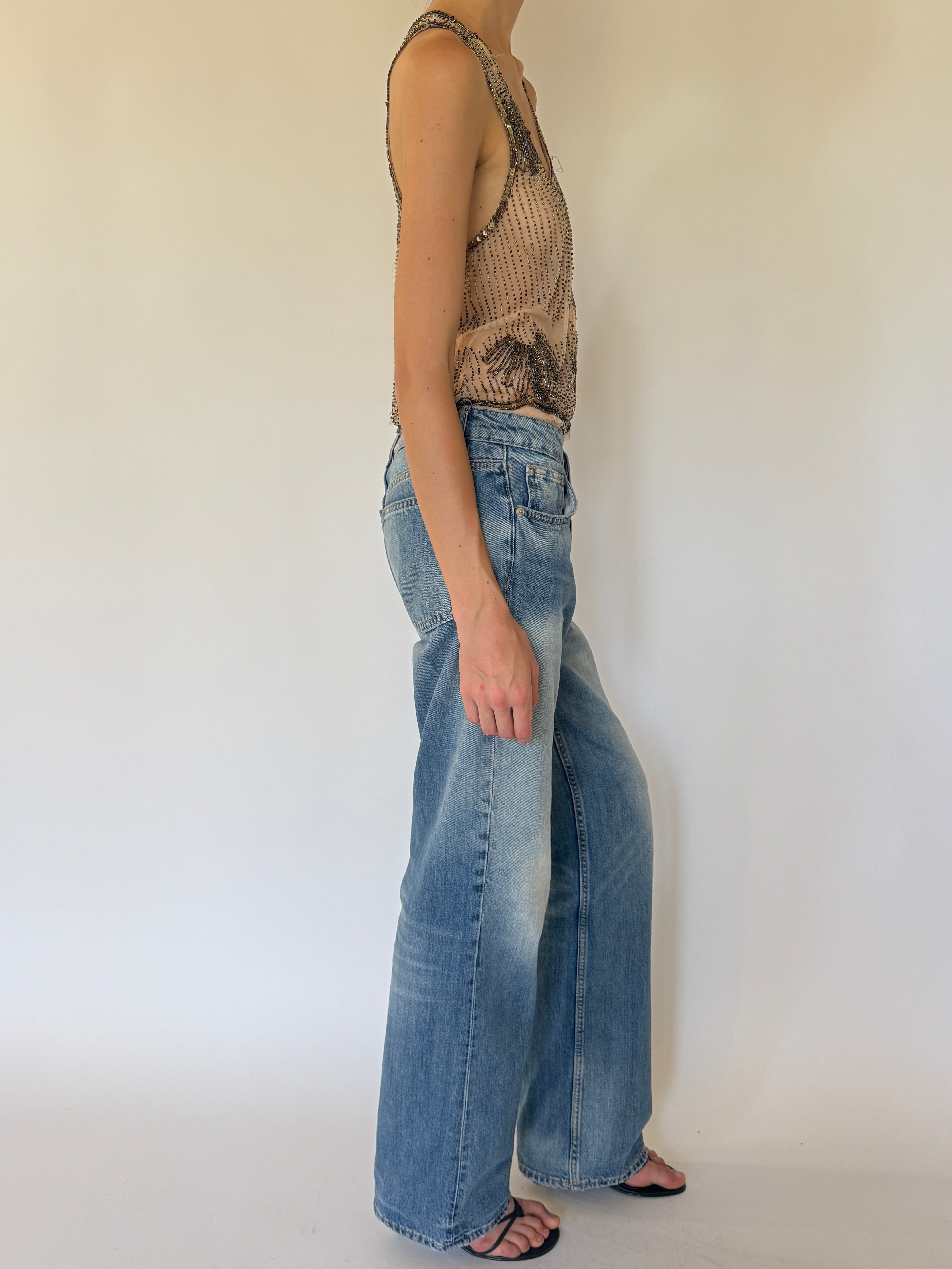 Vintage champagne beaded evening top angled side view