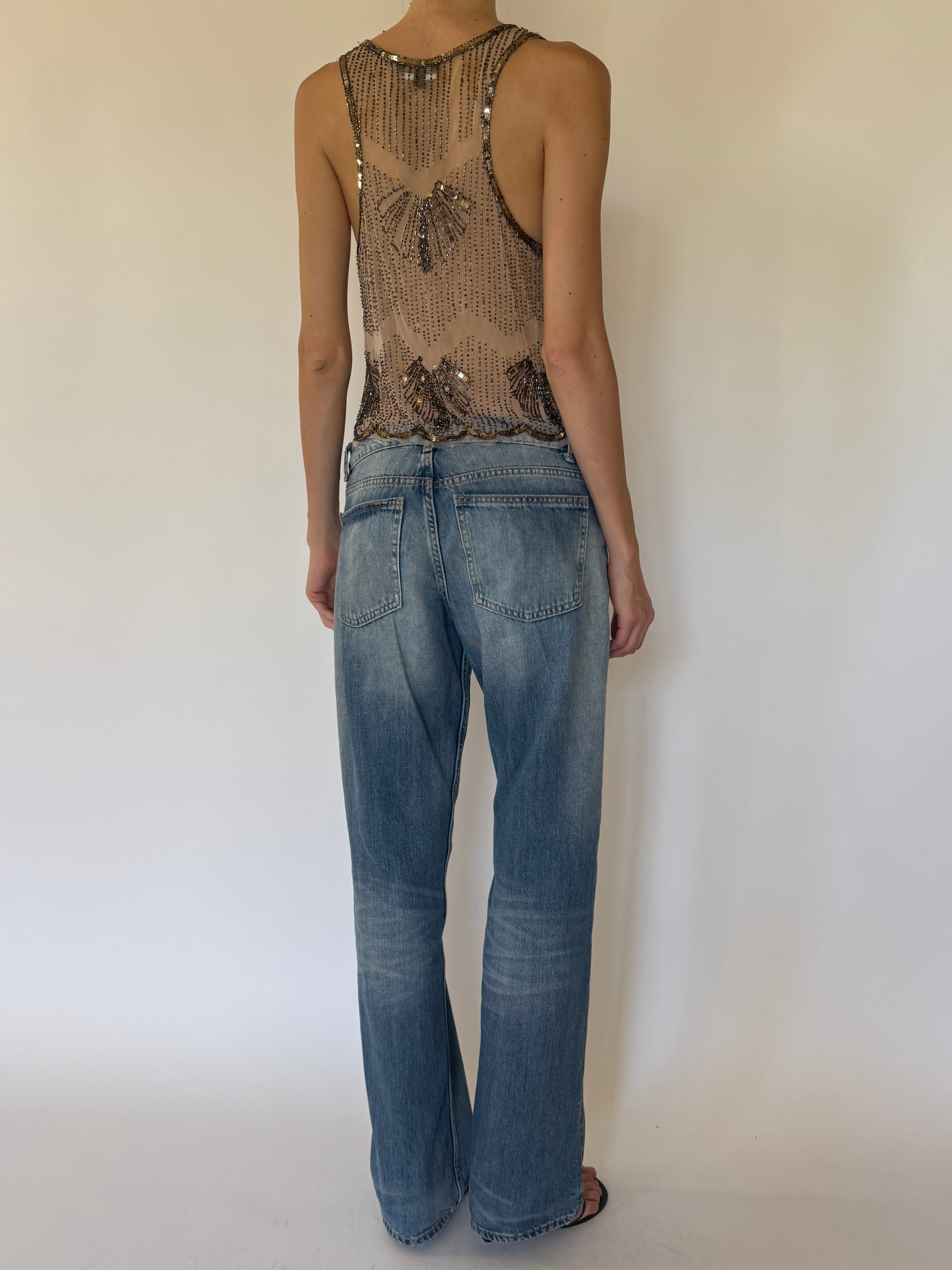 Vintage champagne beaded evening top back view