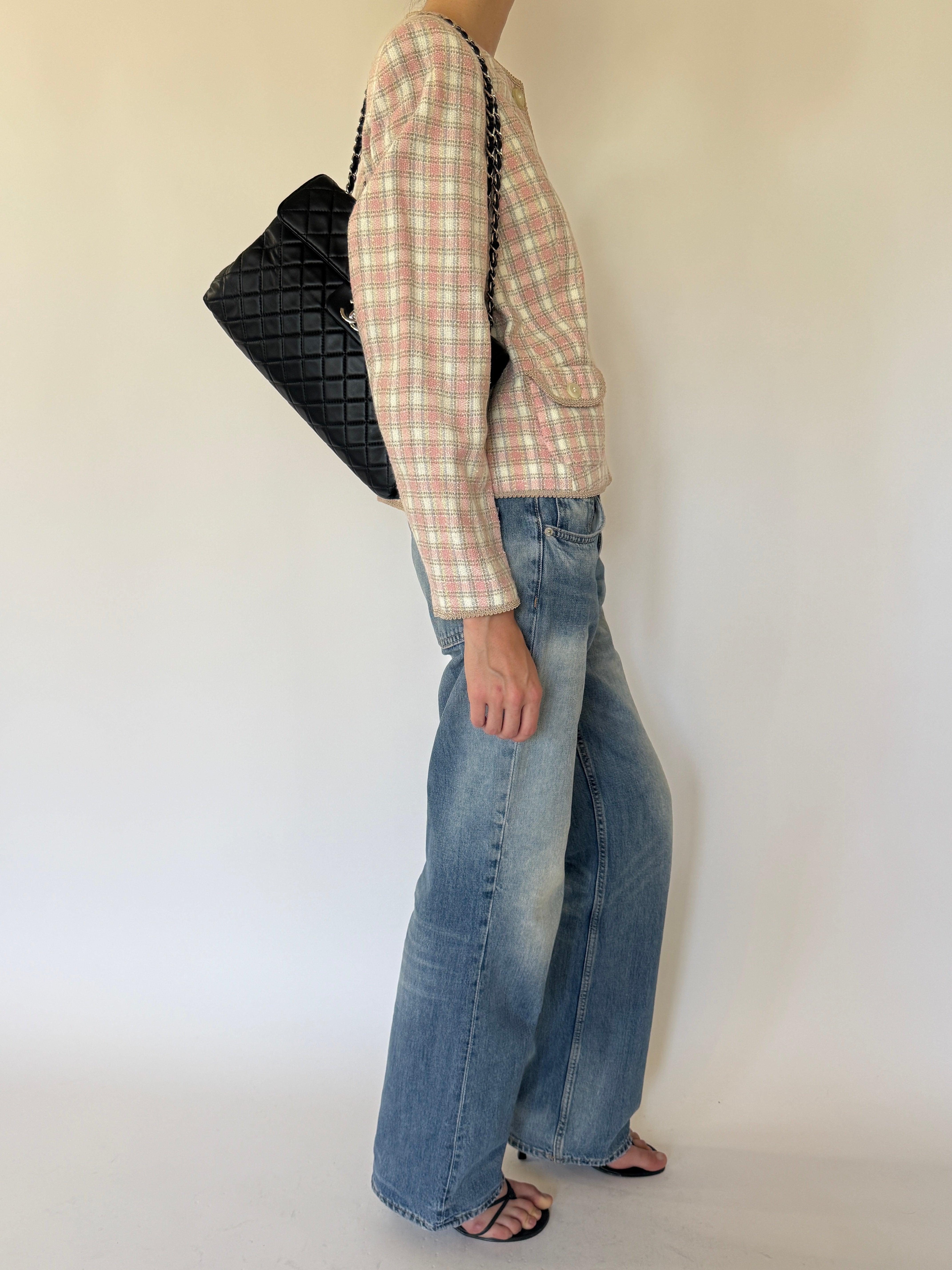 Vintage pink plaid tweed jacket side view