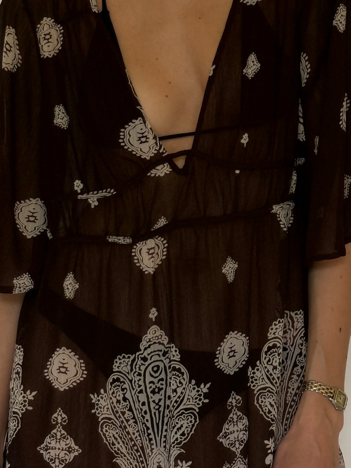 Vintage brown printed cover-up detailed front view