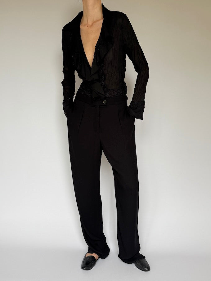 Vintage Sheer Black Ruffle Blouse with Beaded Cuffs 6256