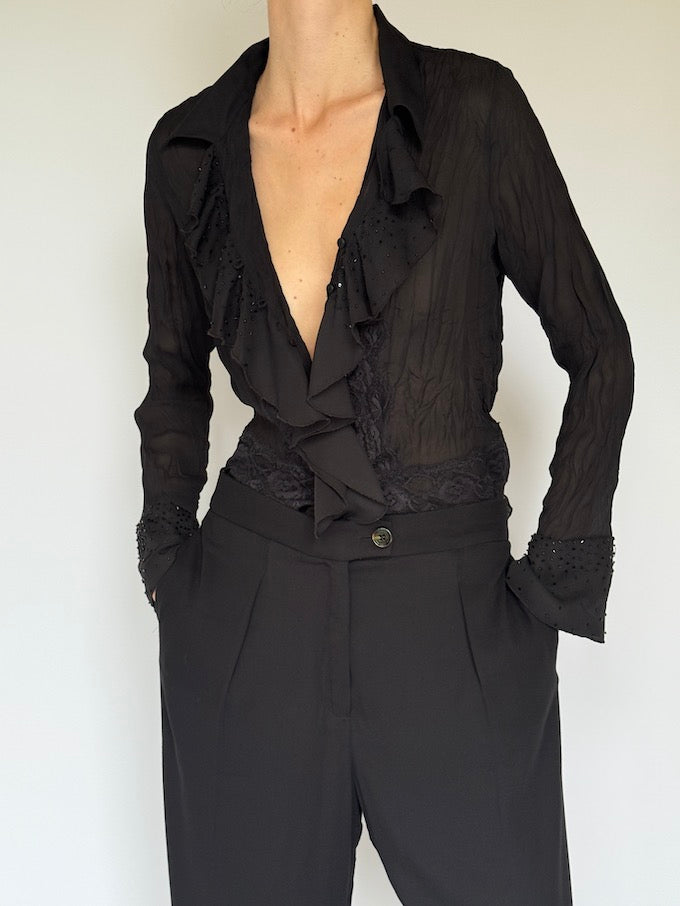 Vintage Sheer Black Ruffle Blouse with Beaded Cuffs 6256