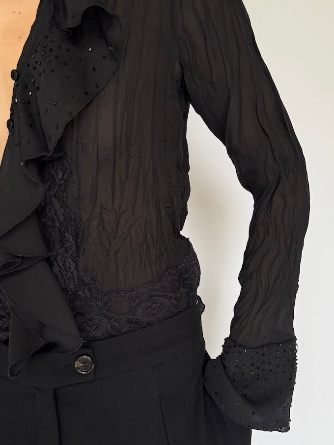Vintage Sheer Black Ruffle Blouse with Beaded Cuffs 6256
