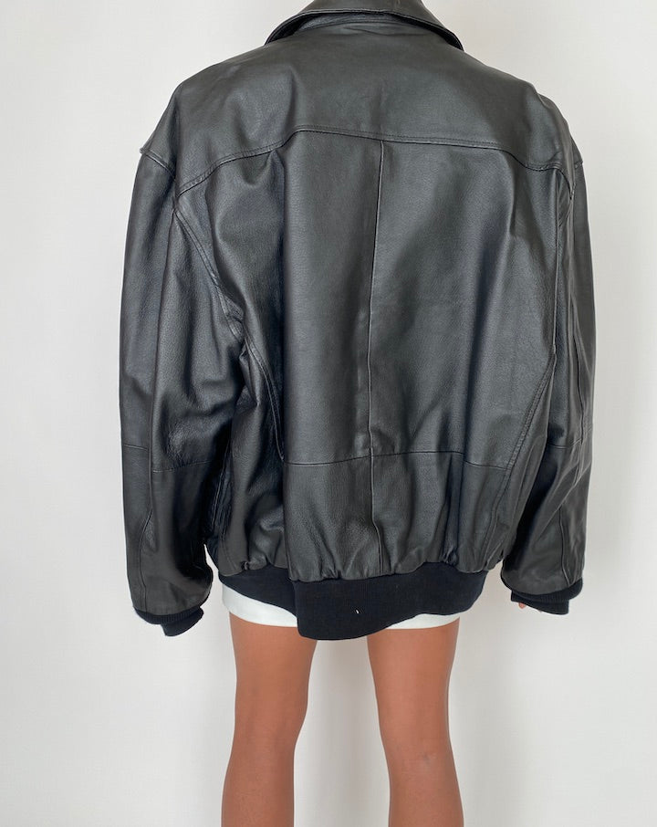 VINTAGE BOXY BLACK OVERSIZED LEATHER JACKET 2754