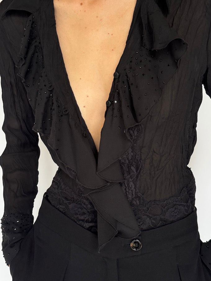 Vintage Sheer Black Ruffle Blouse with Beaded Cuffs 6256
