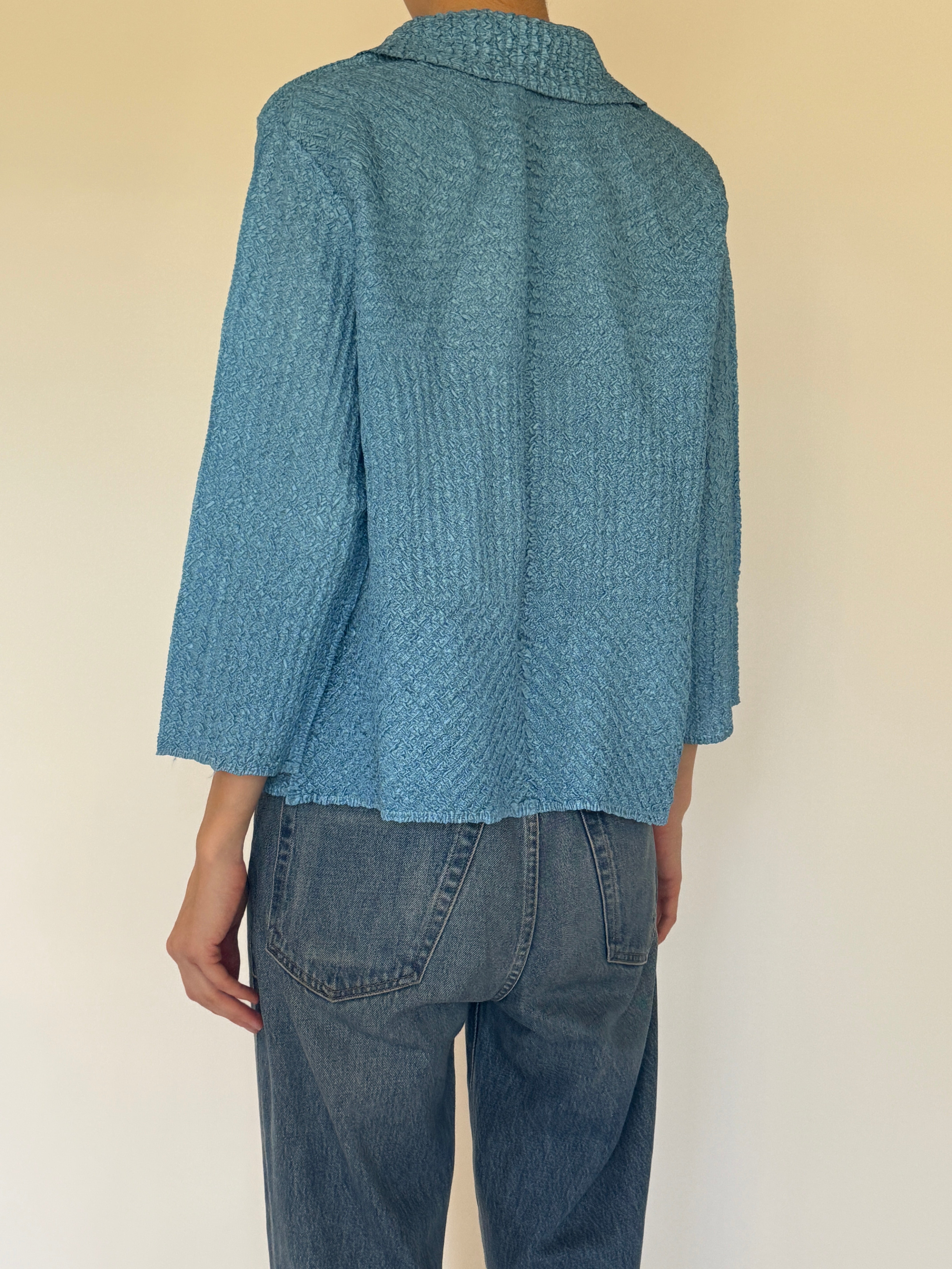 Vintage dusty blue textured button-down shirt back view