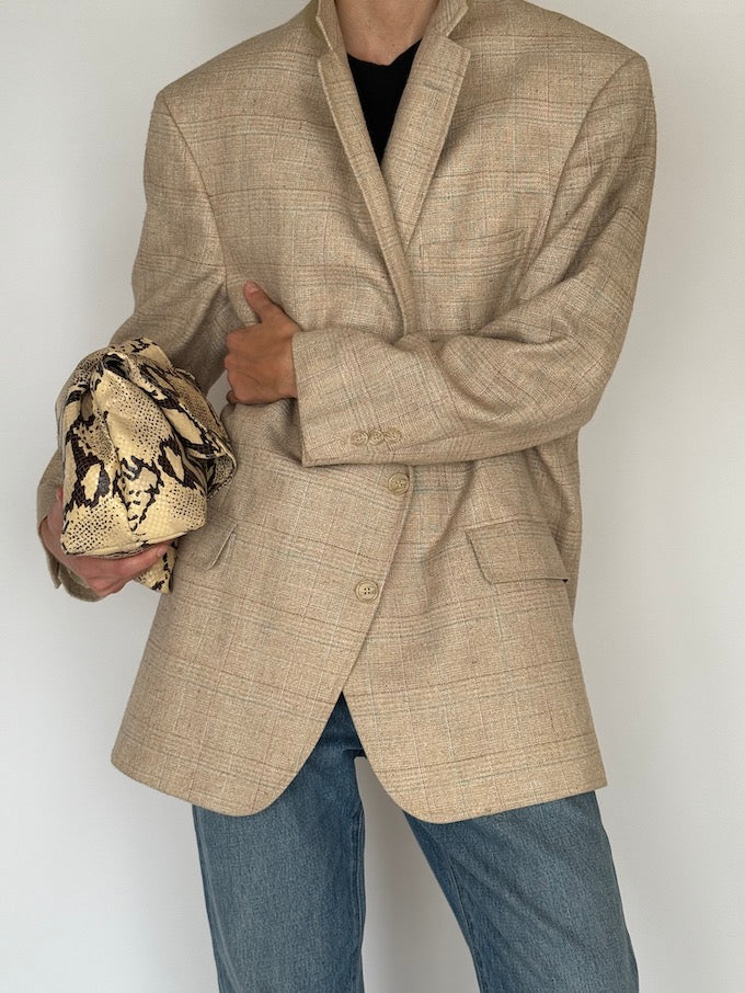 Vintage Oversized Checked Single-Breasted Blazer Beige