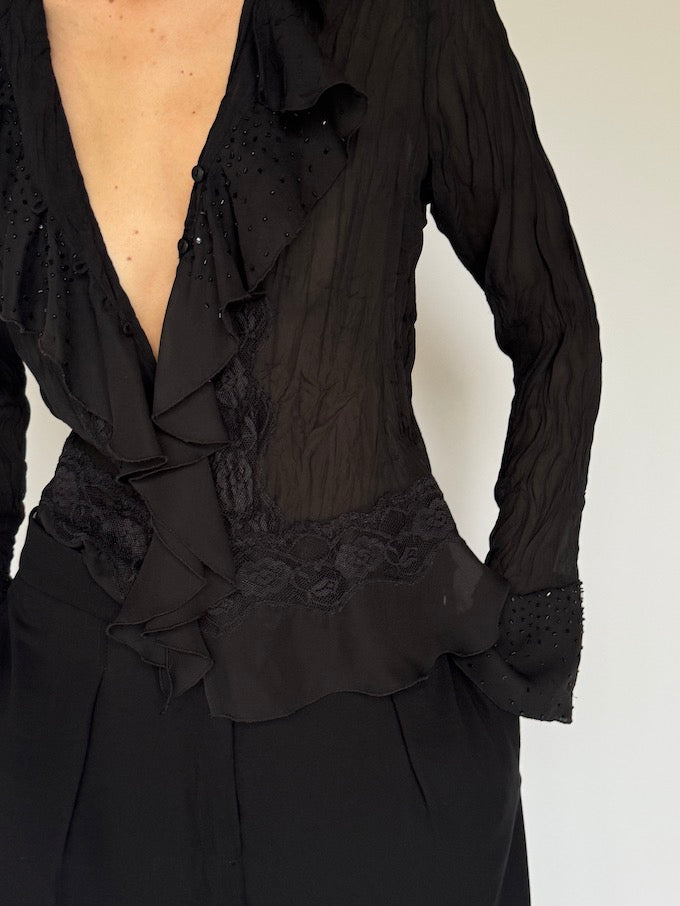 Vintage Sheer Black Ruffle Blouse with Beaded Cuffs 6256