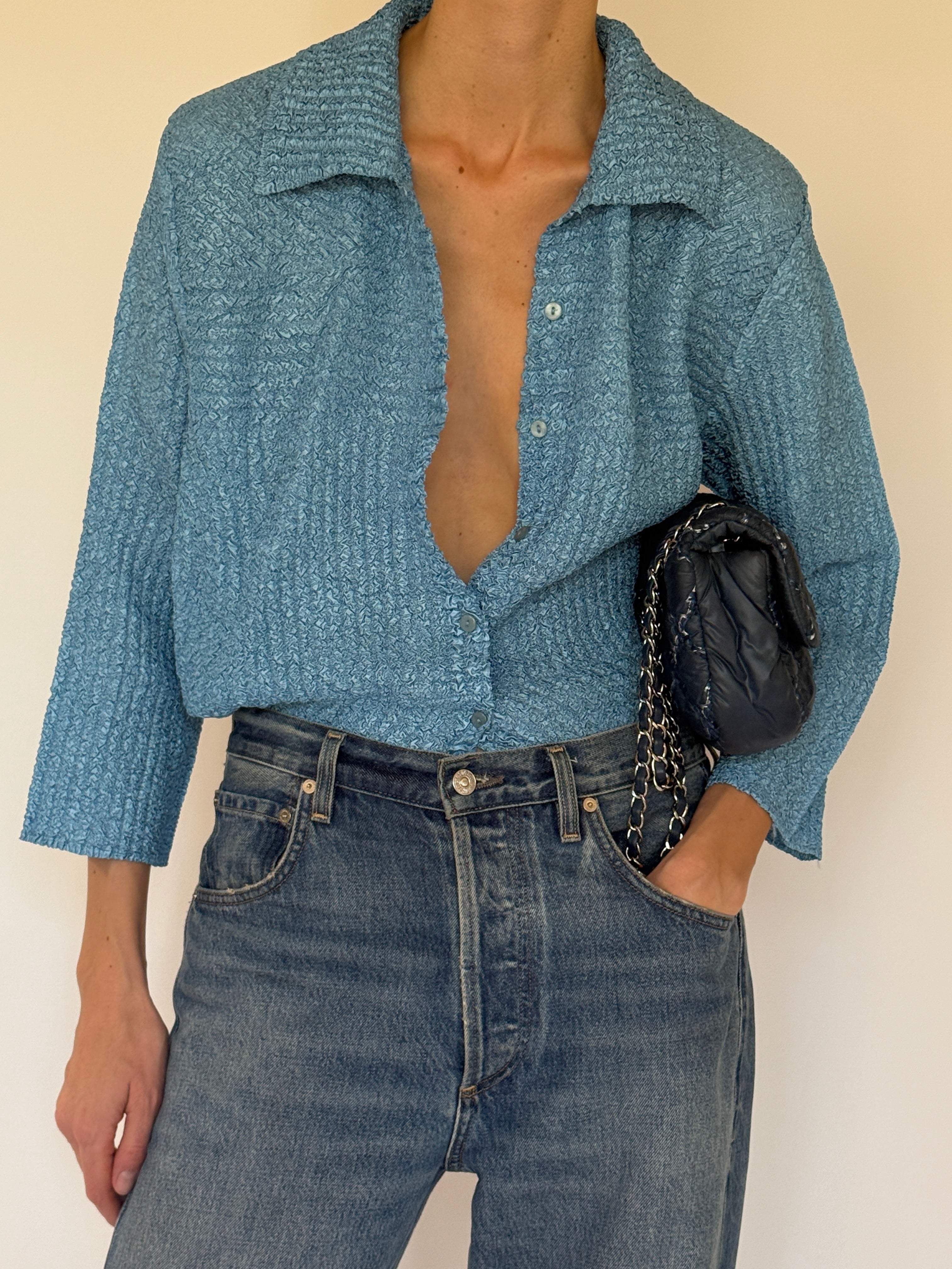 Vintage dusty blue textured button-down shirt back view