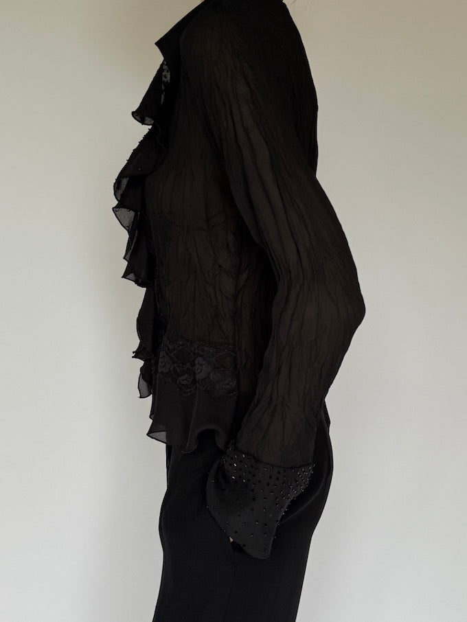 Vintage Sheer Black Ruffle Blouse with Beaded Cuffs 6256