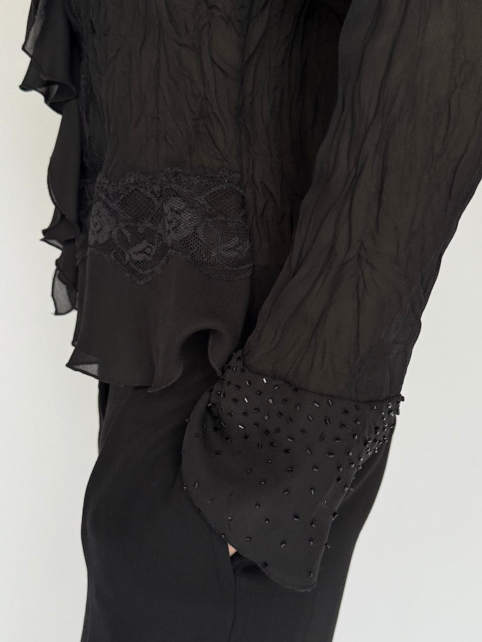 Vintage Sheer Black Ruffle Blouse with Beaded Cuffs 6256