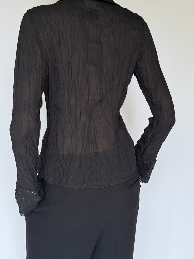 Vintage Sheer Black Ruffle Blouse with Beaded Cuffs 6256