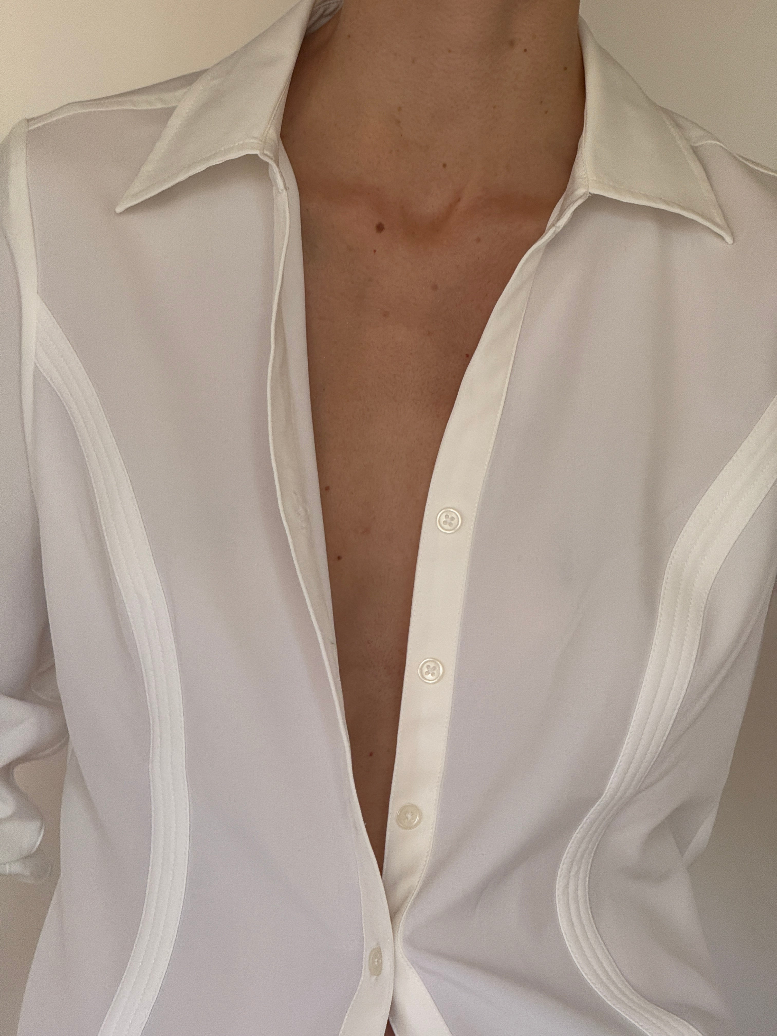 Vintage white sheer button-up shirt collar detail