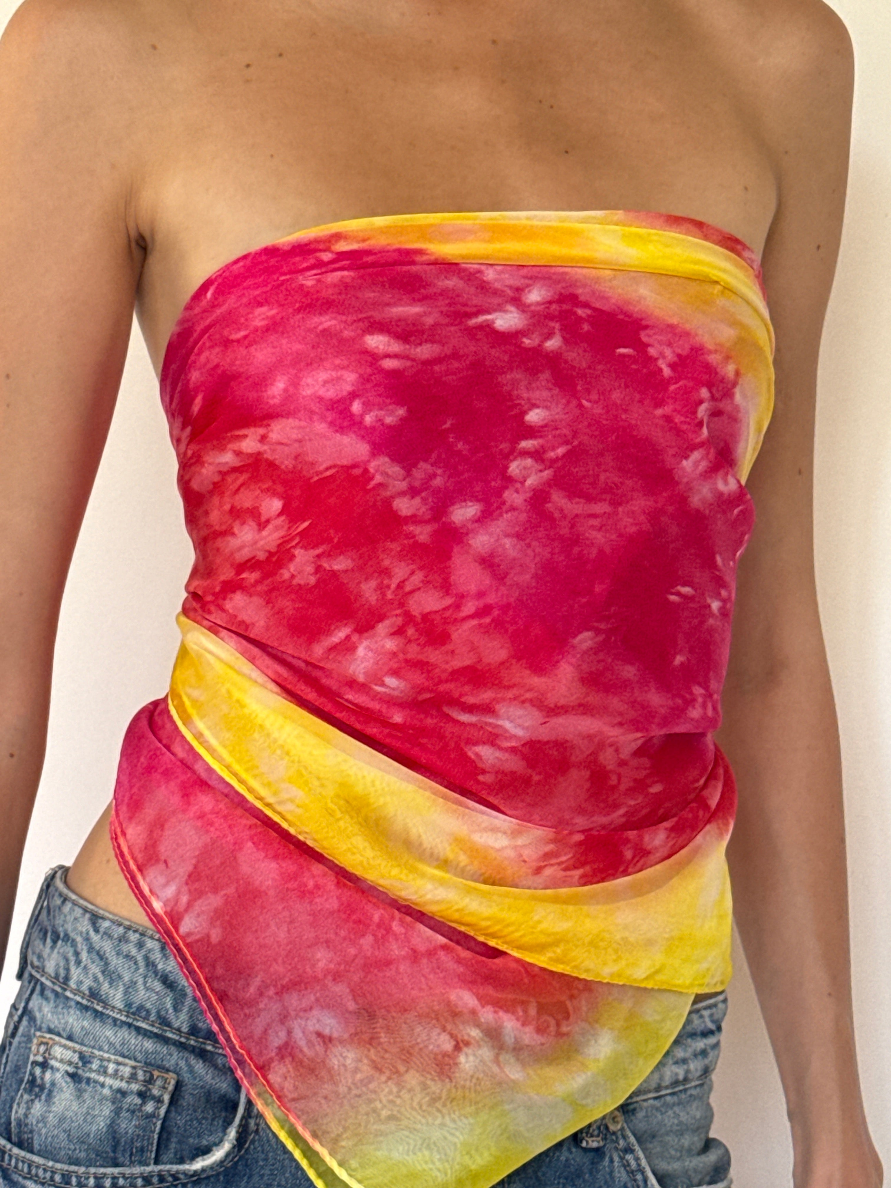 Vintage sarong tied as a top pink & yellow 6284