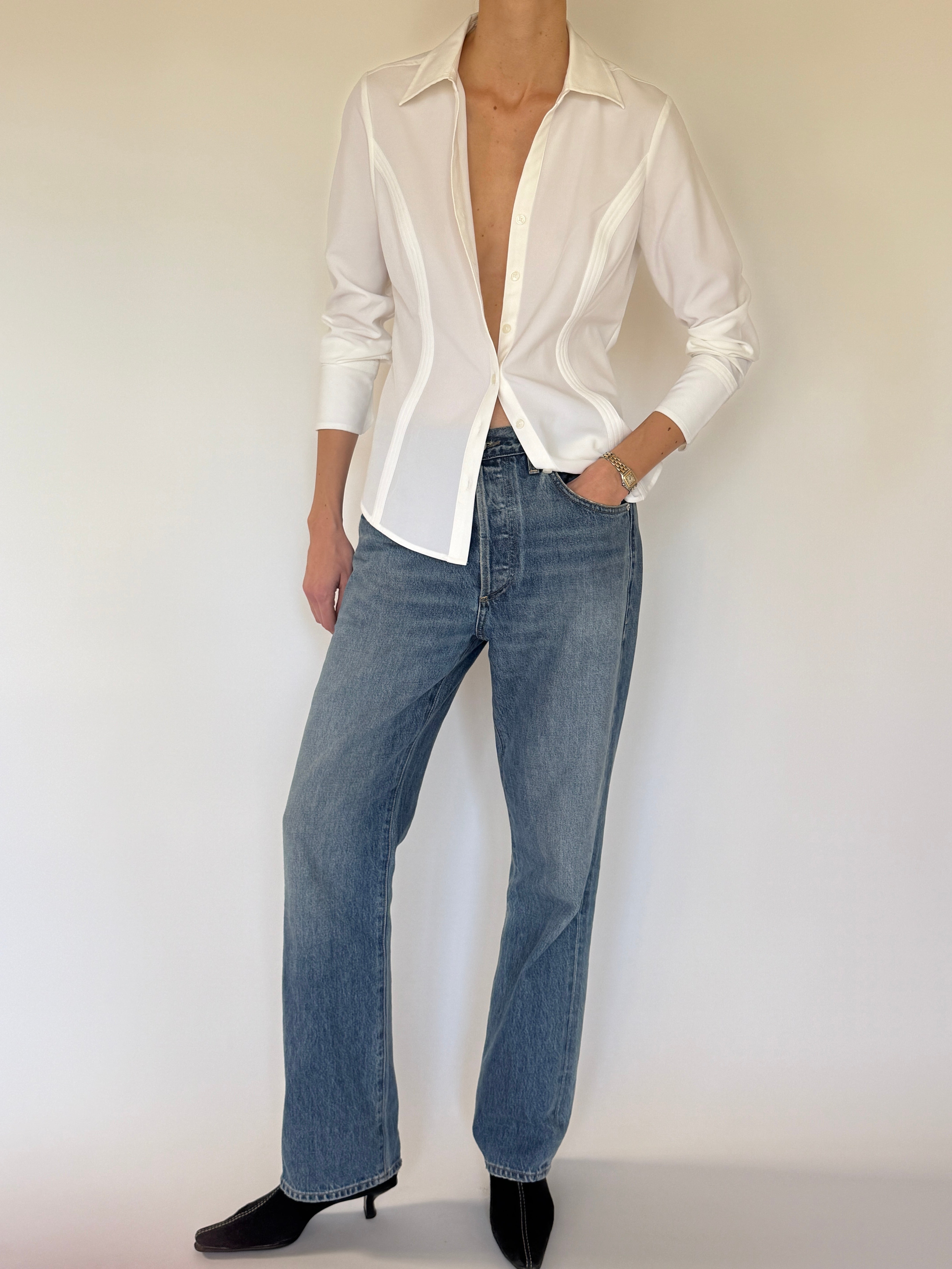 Vintage white sheer button-up shirt panel seam detail