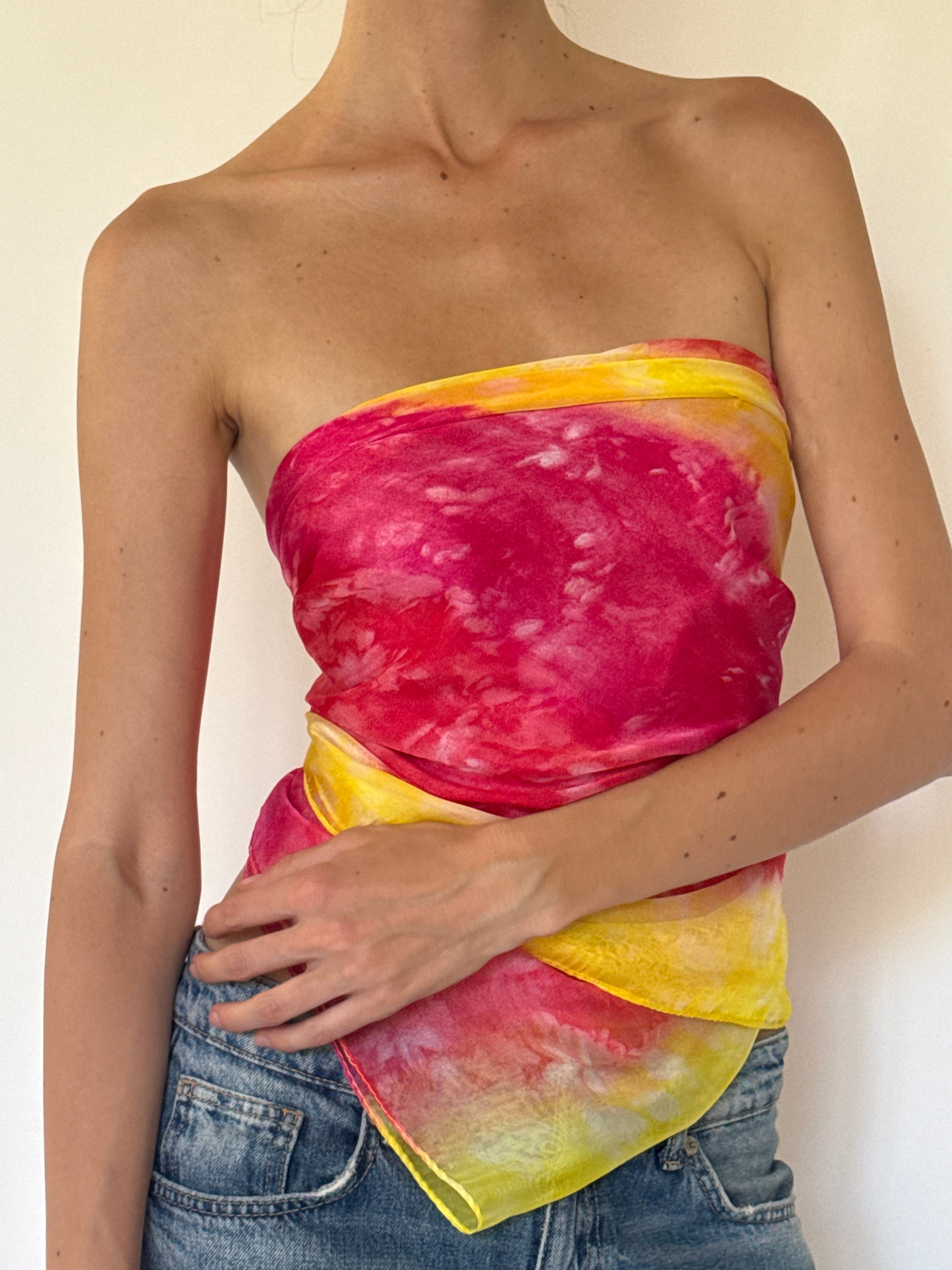 Vintage sarong tied as a top pink & yellow 6284