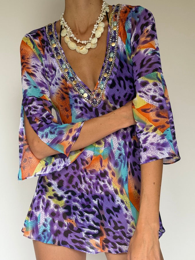 Vintage Multicolor Animal Print Swim Cover-Up
