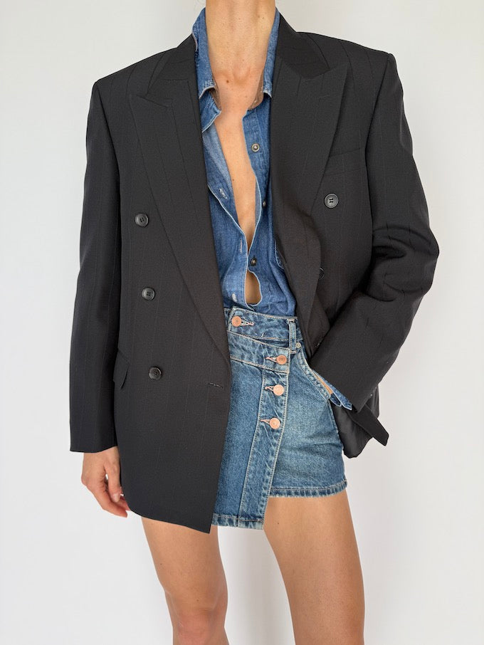 Vintage Double-Breasted Striped Blazer Black 5986